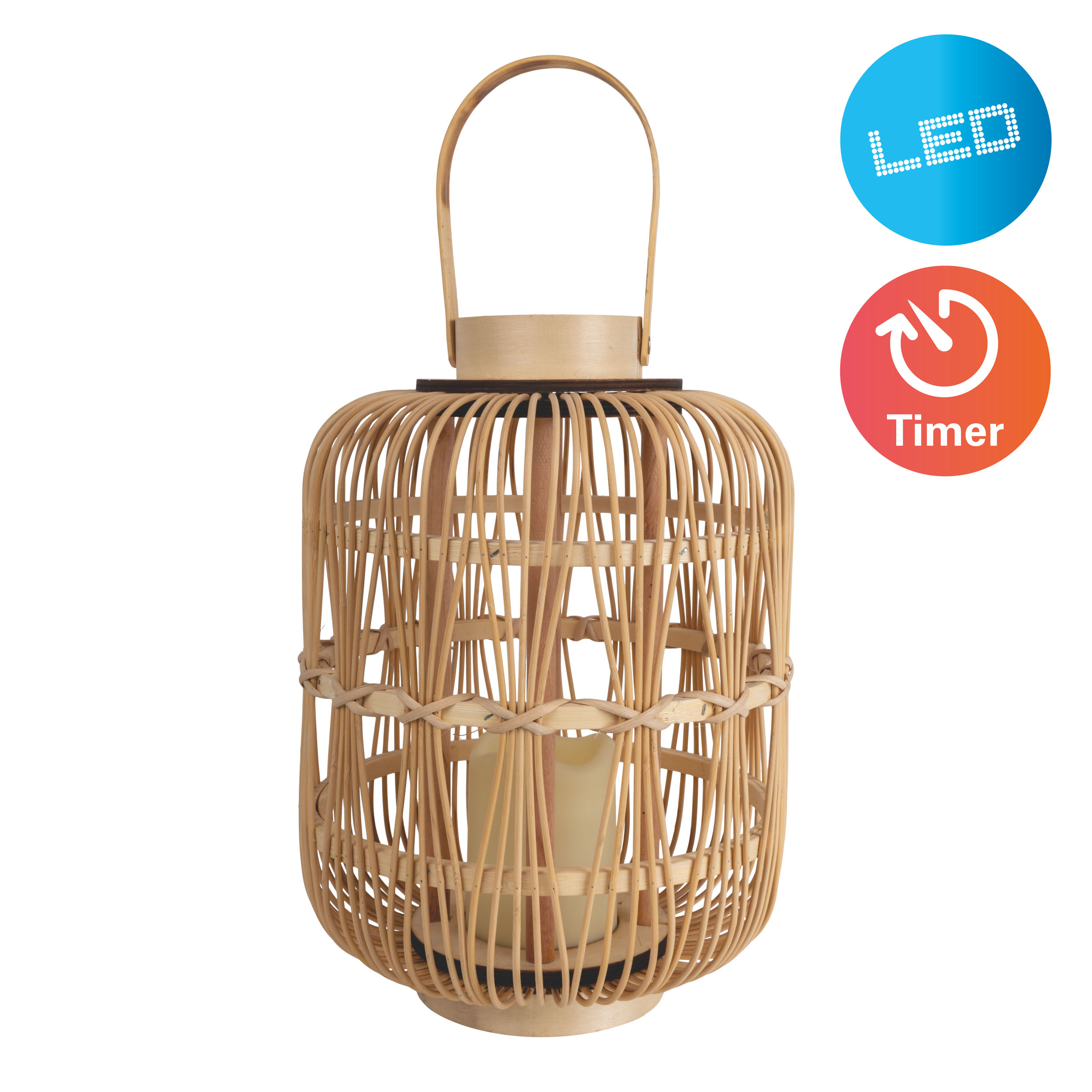 Bambuslaterne mit Kerze, mit LED- und Timer-Symbolen.