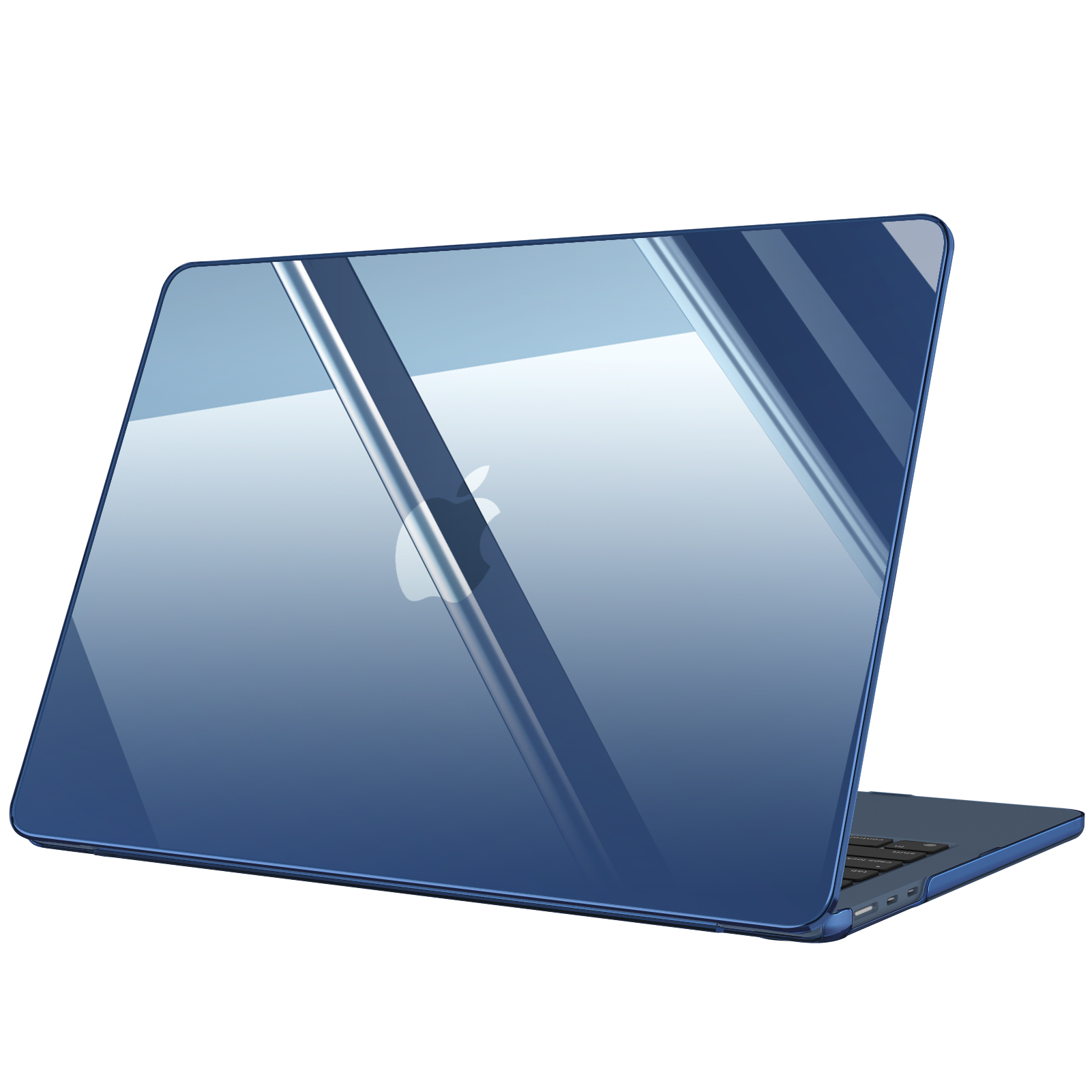 Eine blaue Laptop-Hülle auf weißem Hintergrund. Das Apple-Logo ist sichtbar.