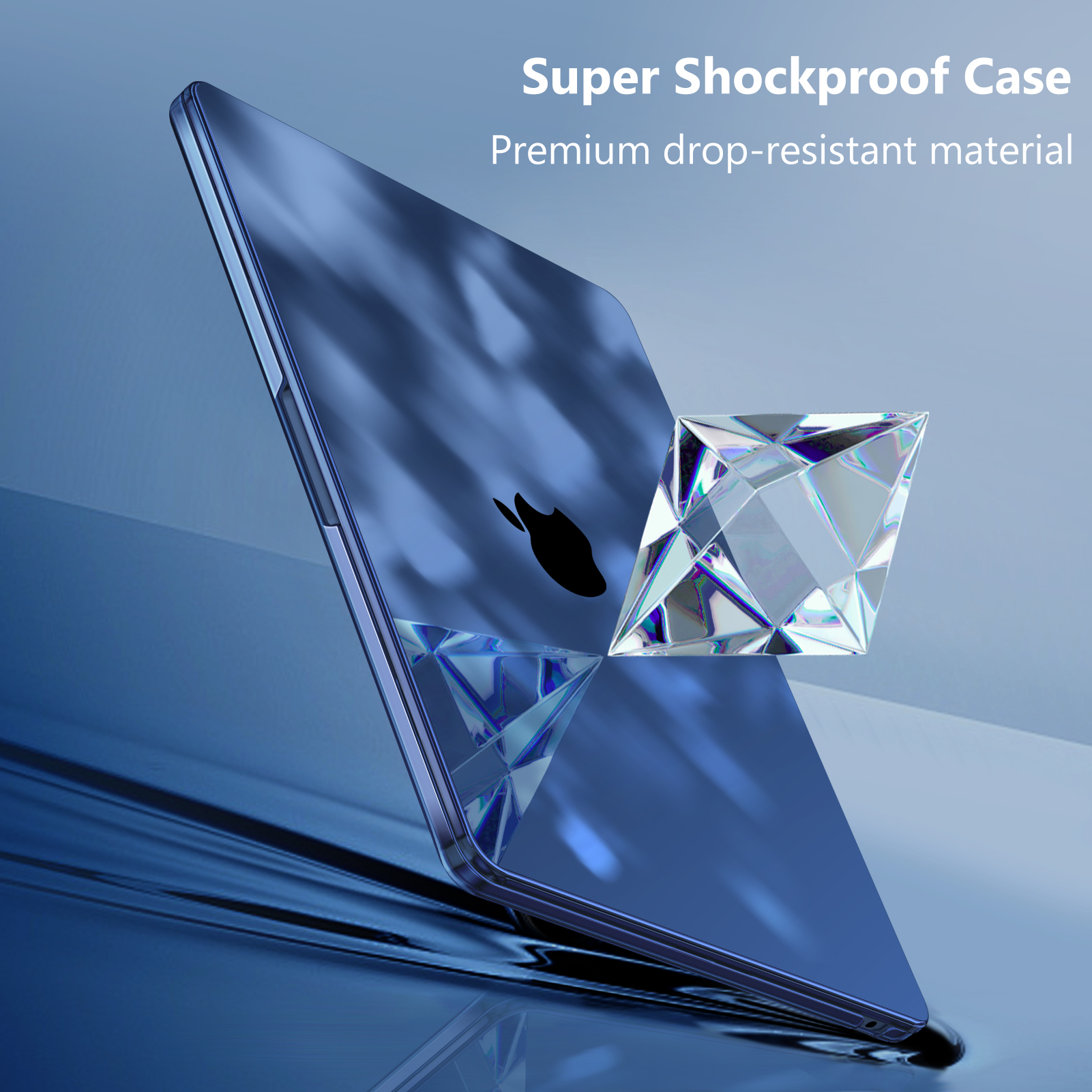 Ein blauer Laptop in einem Gehäuse. Ein rautenförmiges Objekt davor mit dem Text 'Super Shockproof Case'.