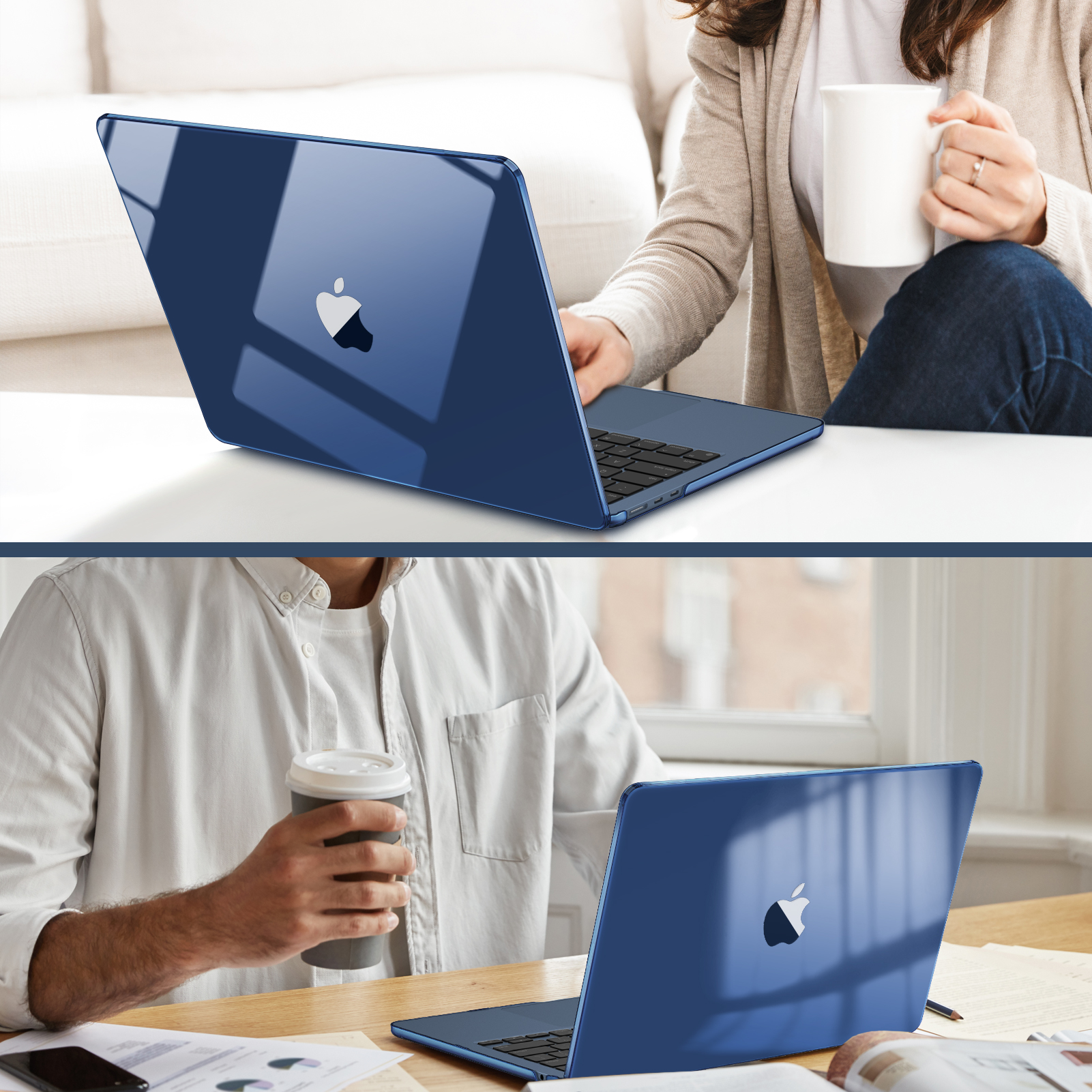 Zwei Bilder eines blauen Laptops in einem Gehäuse. Eines mit einer Person mit Tasse, das andere mit Becher.