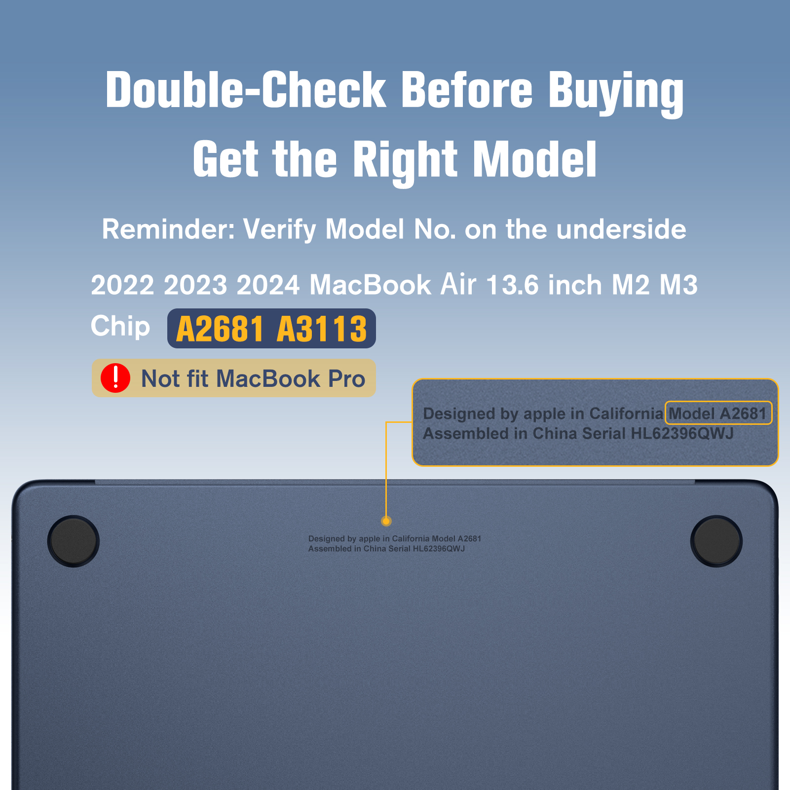 Nahaufnahme des Laptop-Bodens mit Modellinfo. Text hebt die Modelle A2681 und A3113 hervor, mit Warnung.