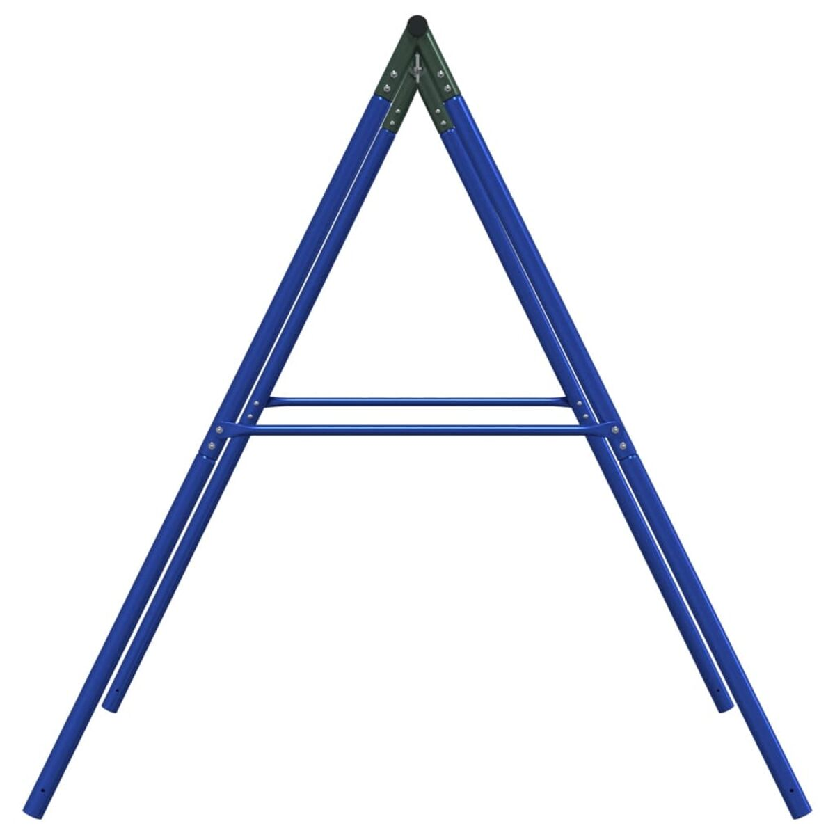 Altalena blu. Il telaio è a forma di A, con gambe blu e una parte superiore verde scuro.
