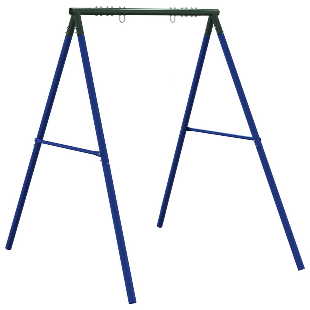 Altalena blu. Ha gambe blu e una barra superiore verde scuro con anelli.