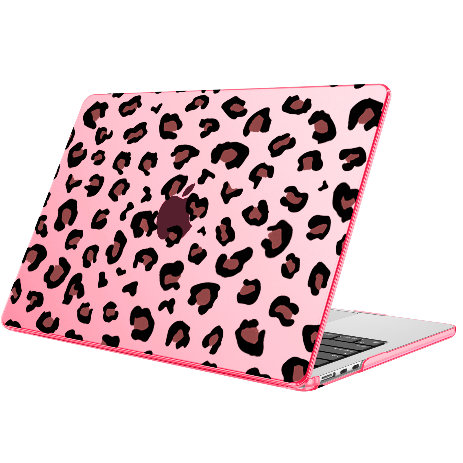 Eine pinke Laptop-Hülle mit Leopardenmuster auf weißem Hintergrund.