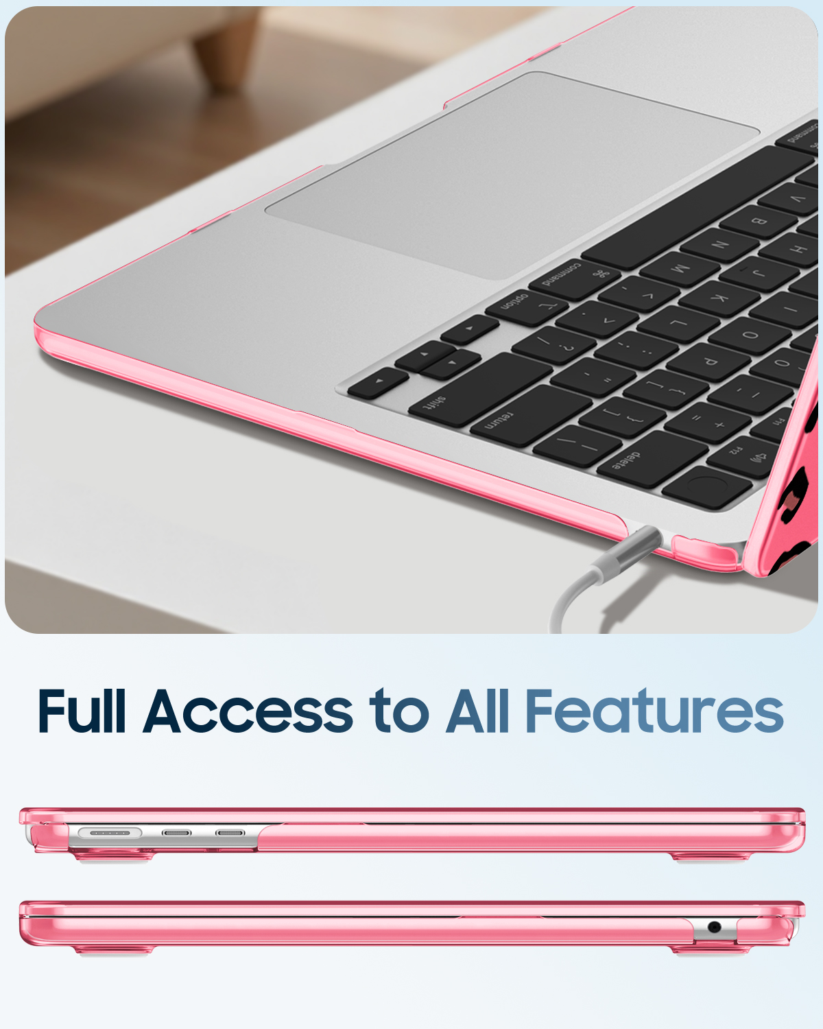 Laptop in pinker Hülle, zeigt die Kanten und die Unterseite der Hülle mit einem Netzkabel.