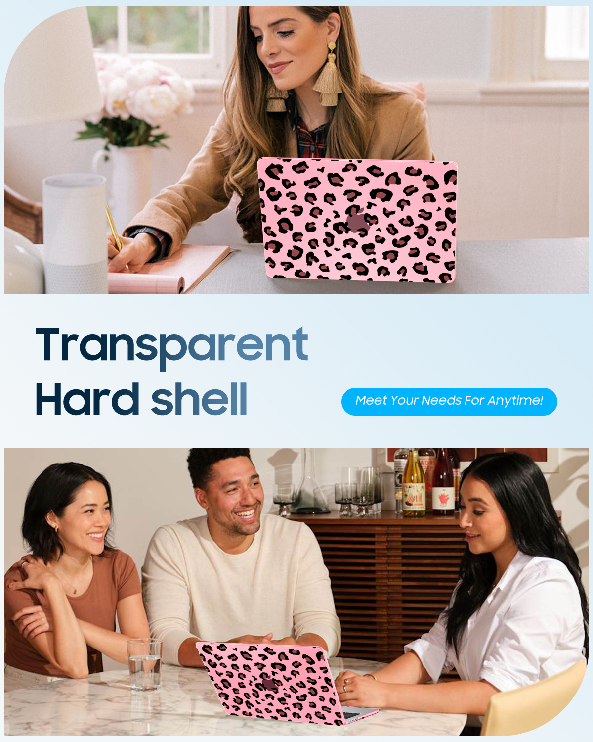 Frau mit pinkfarbenem Laptop mit Leopardenmuster. Zwei andere schauen darauf. Text: Transparente Hartschale.