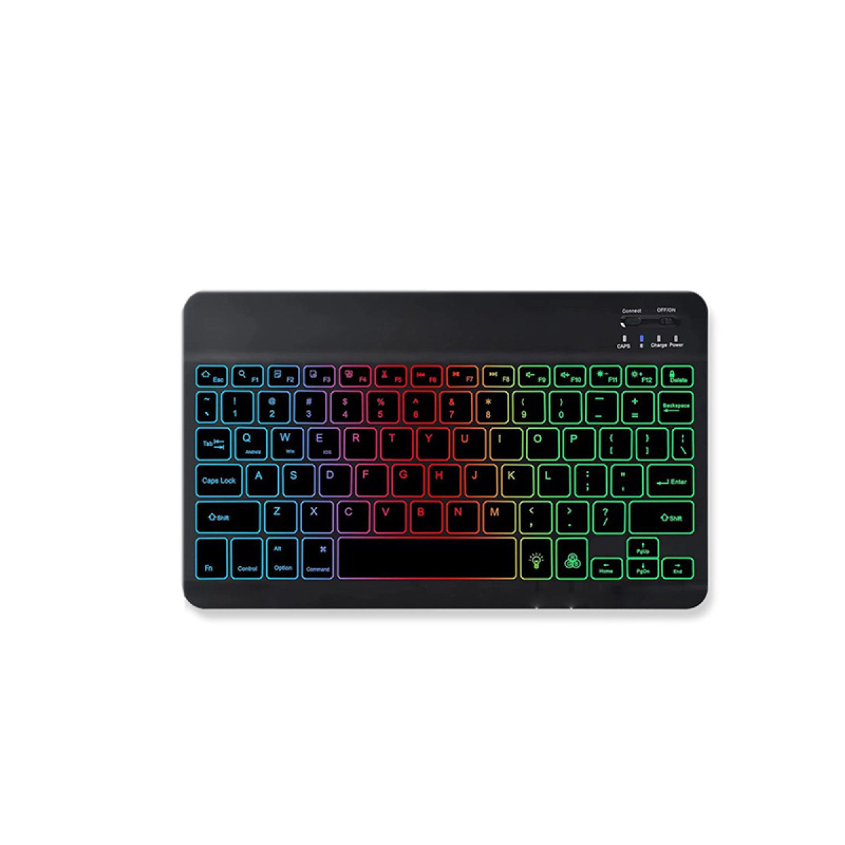 Eine schwarze Tastatur mit regenbogenfarbenen Tasten wird auf einer weißen Oberfläche angezeigt. Es ist eine Draufsicht.