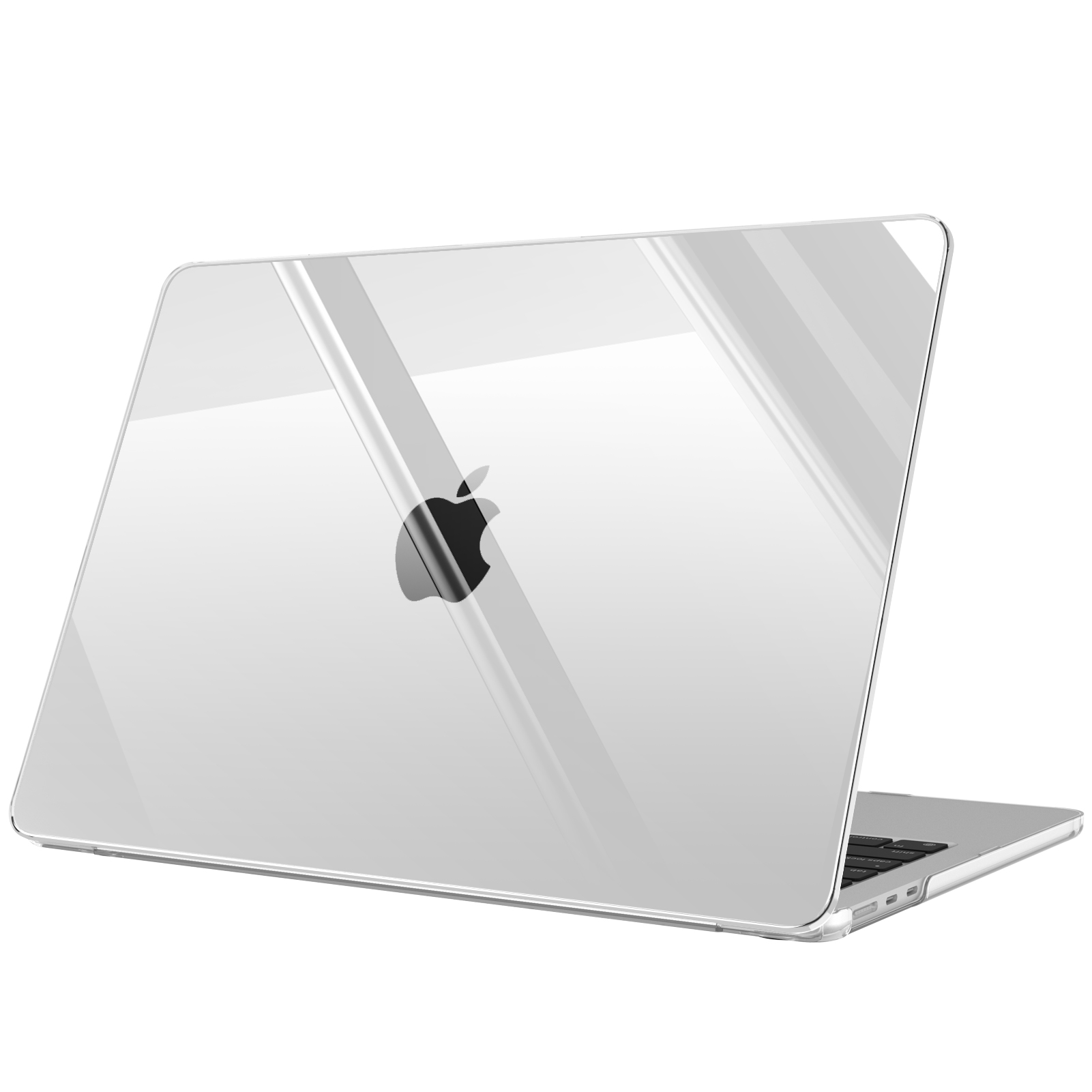 Transparente Laptop-Hülle auf einem geschlossenen Laptop. Apple-Logo sichtbar. Schwarze Tastatur. Weißer Hintergrund.