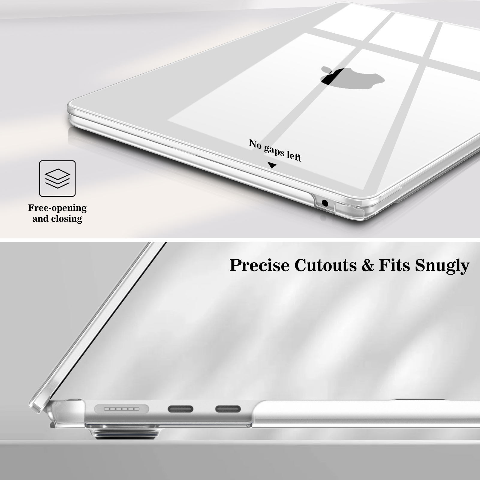 Nahaufnahme einer durchsichtigen Laptop-Hülle mit einem Laptop darin. Apple-Logo sichtbar. Text: Keine Lücken mehr.