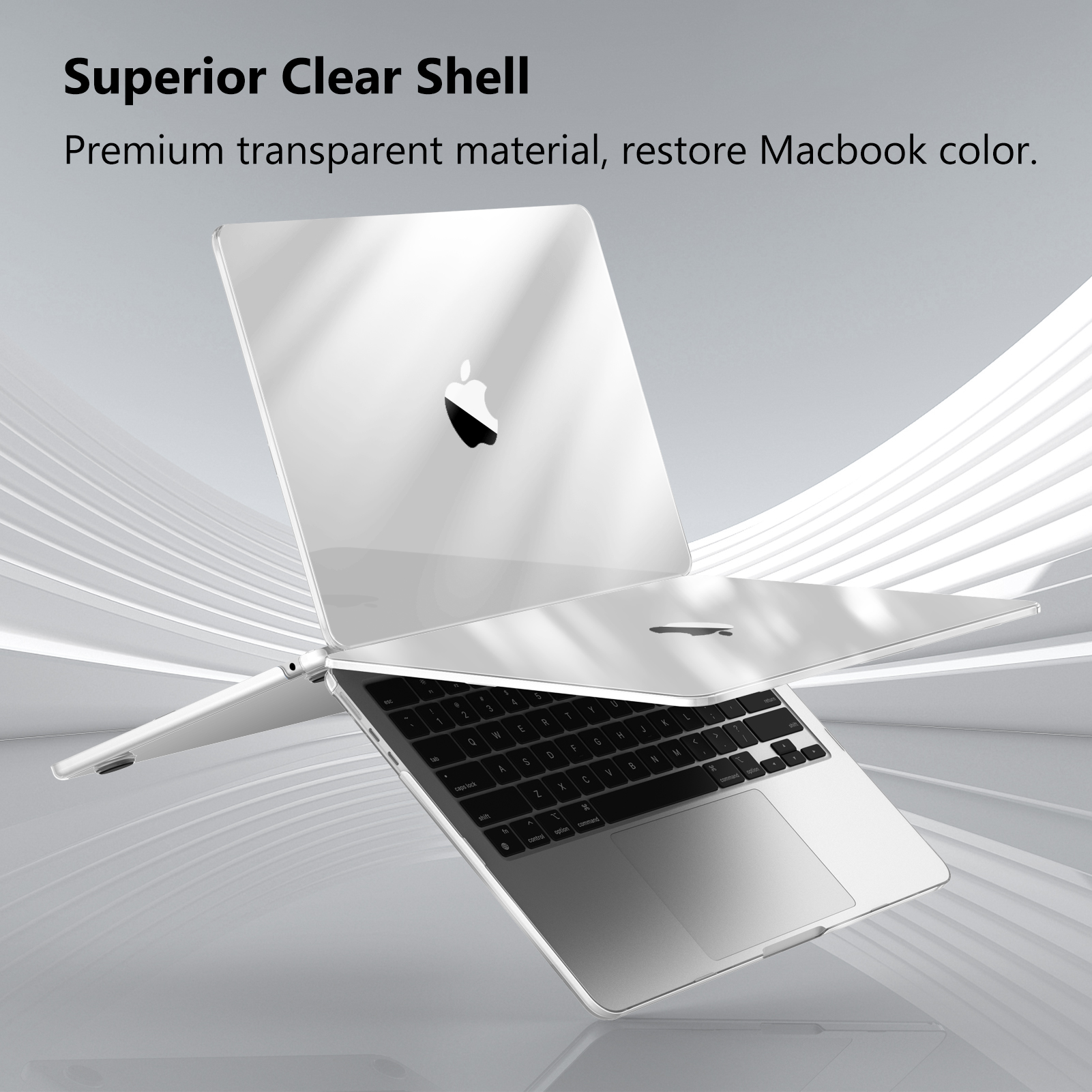 Laptop in einer transparenten Hülle. Der Laptop ist geöffnet. Das Apple-Logo ist sichtbar. Text: Überlegene klare Hülle.