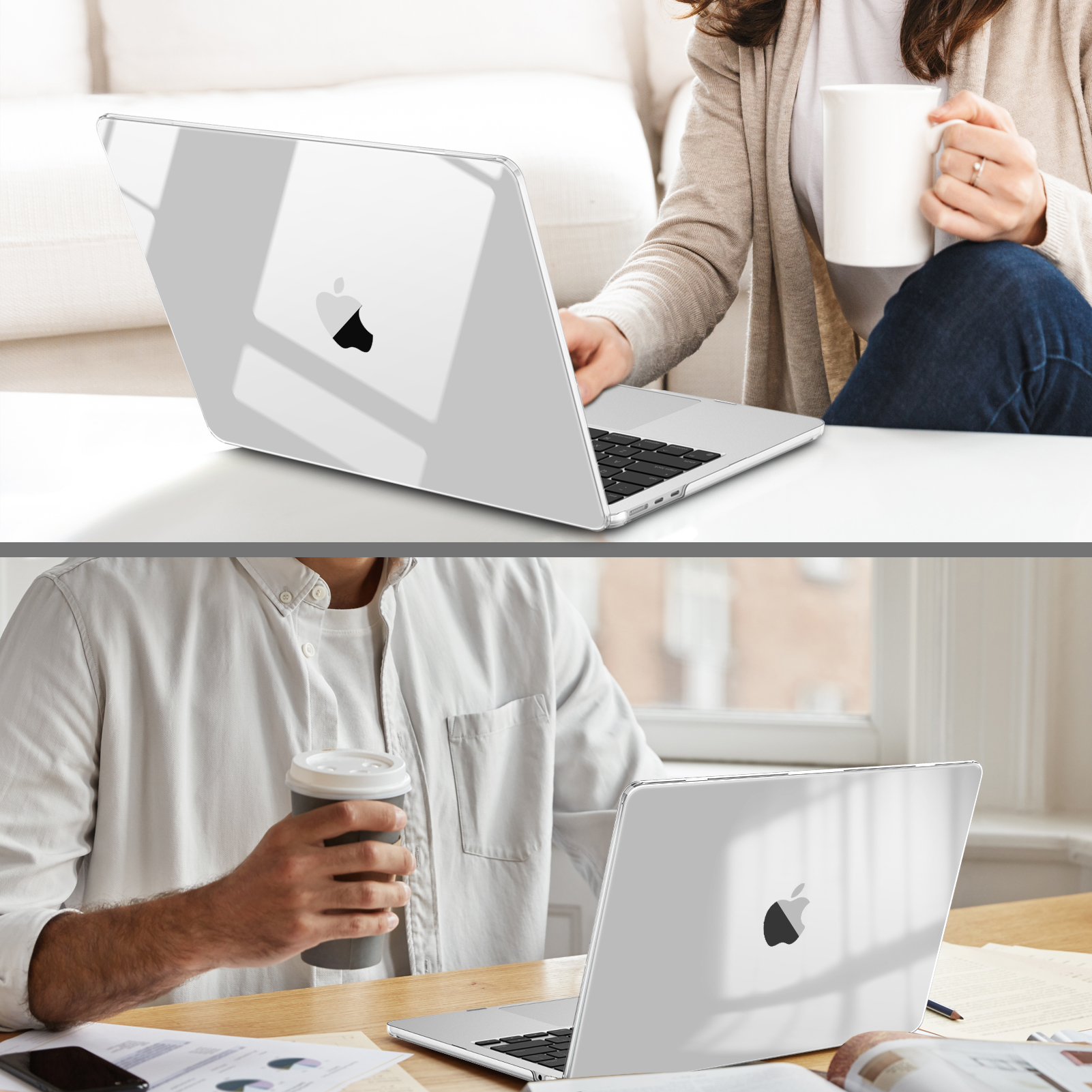Zwei Personen mit Laptops und einer Kaffeetasse. Die Laptops haben eine transparente Hülle.