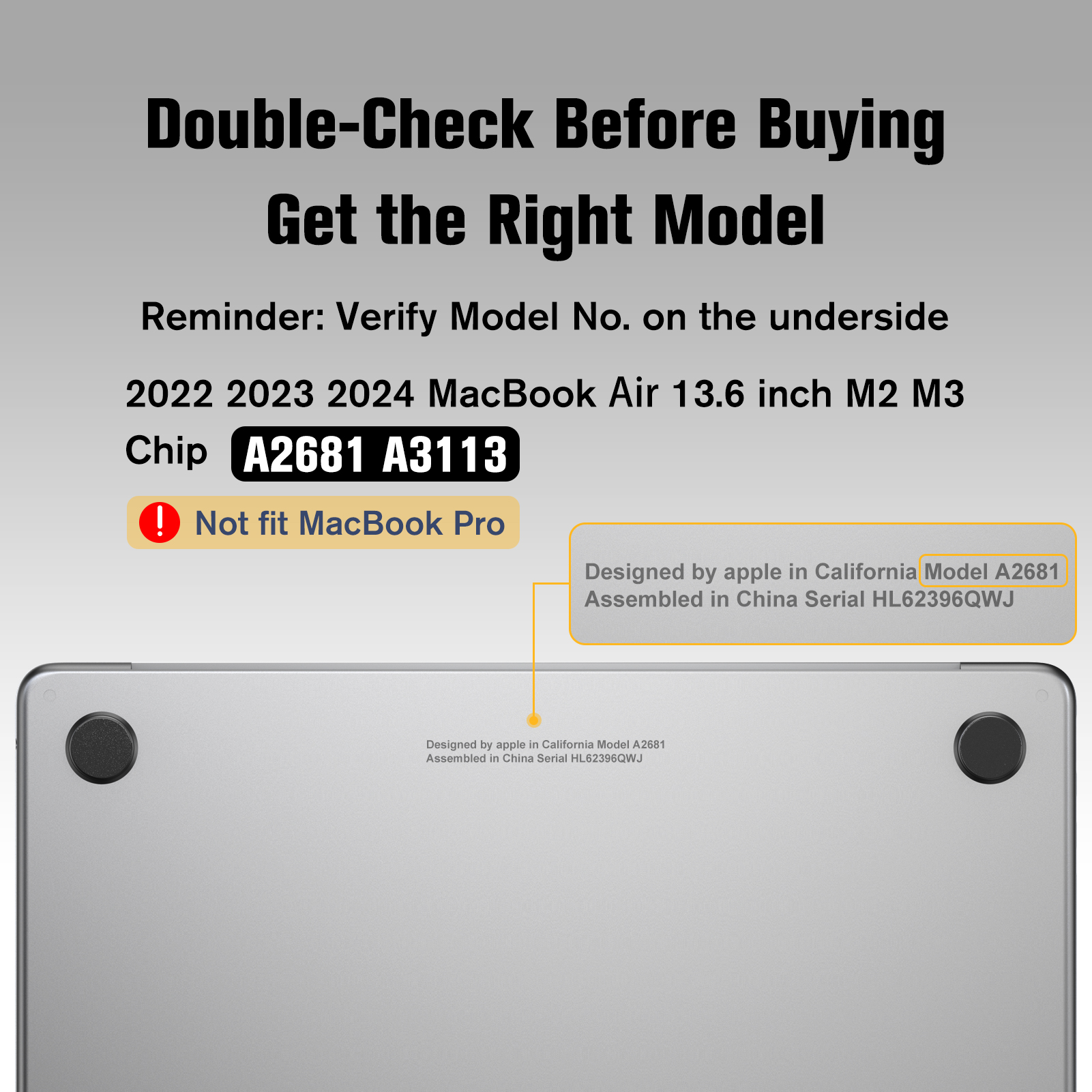 Unterseite eines Macbooks, mit Text zu den Modellnummern A2681 und A3113.