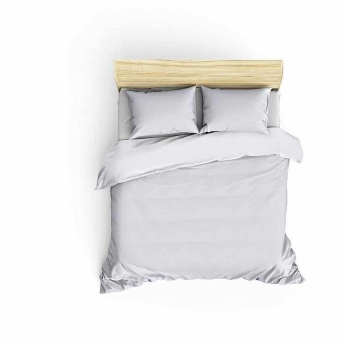 Draufsicht auf ein Bett mit Holz-Kopfteil, weißer Bettwäsche und Kissen.