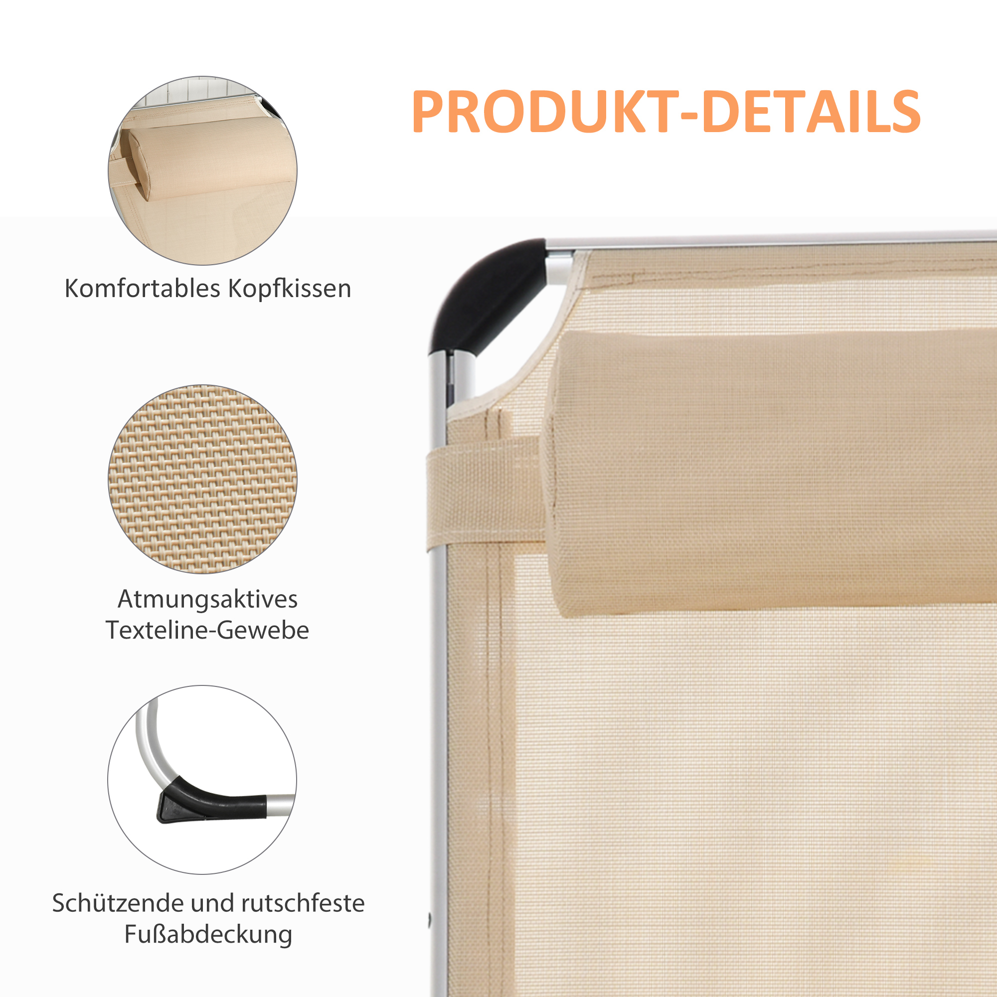 Nahaufnahme-Details eines beigefarbenen, zusammenklappbaren Sonnenliegestuhls, mit Kissen, Stoff und Fußabdeckungen.