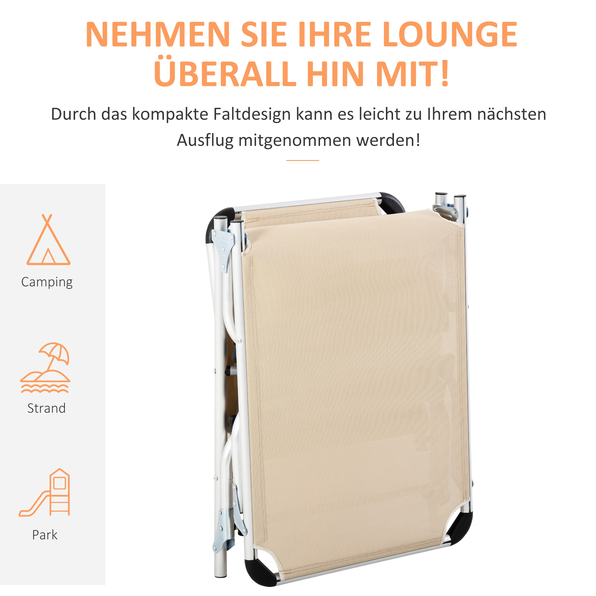 Ein zusammengeklappter beigefarbener Strandstuhl mit Symbolen für Camping, Strand und Park.