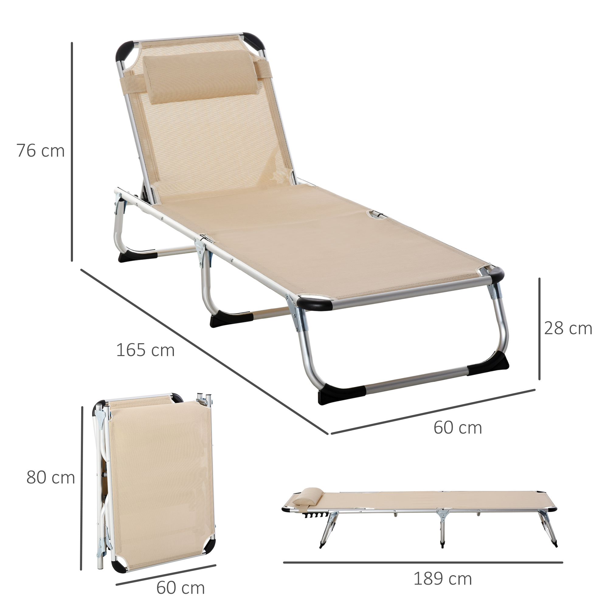 Ein beigefarbener, zusammenklappbarer Sonnenliegestuhl, ausgeklappt, mit Maßen in Zentimetern.