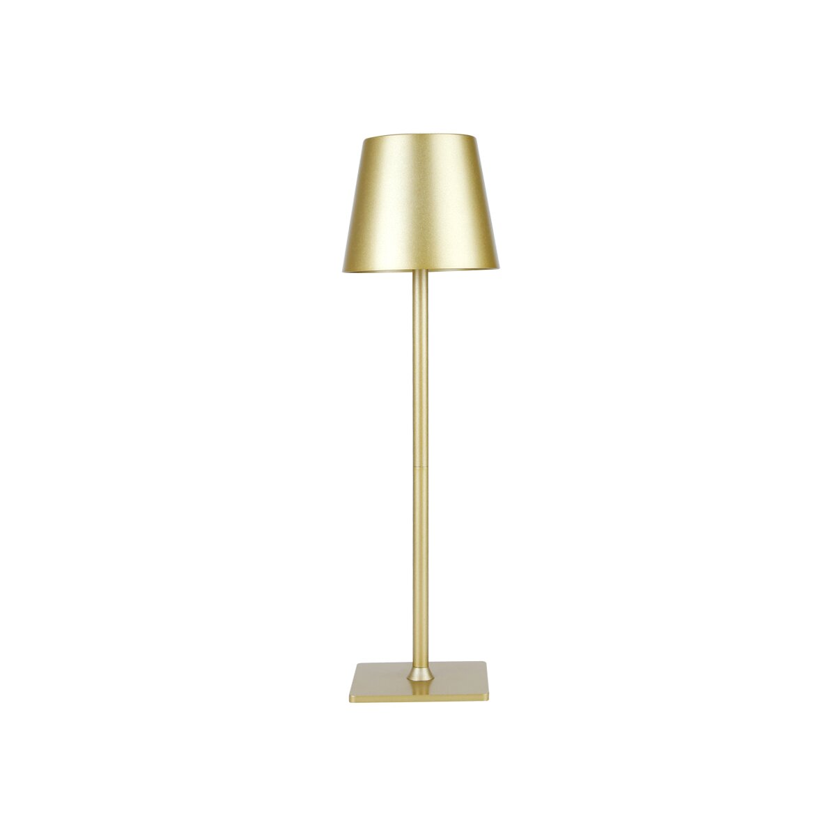 Eine goldfarbene Stehlampe auf quadratischem Sockel, weißer Hintergrund. Die Lampe hat einen Schirm.