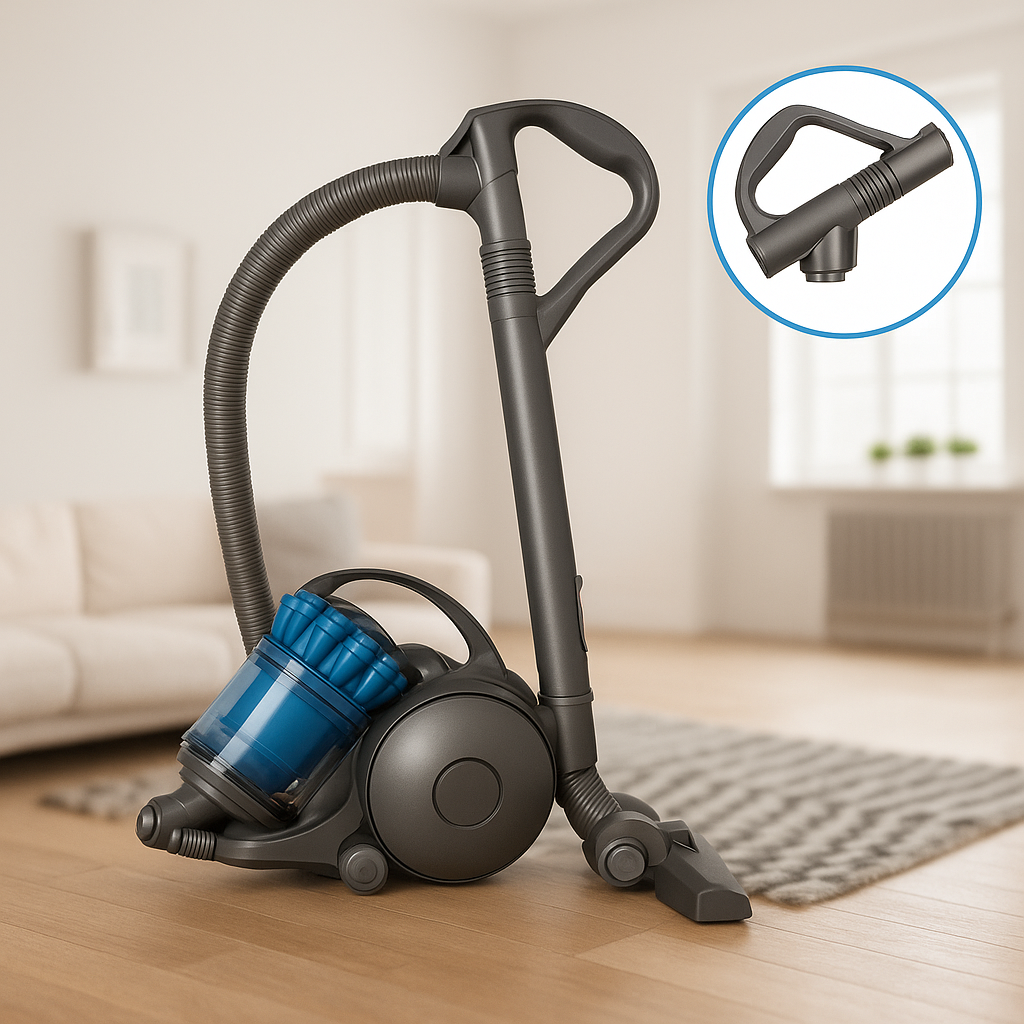 Aspirapolvere grigio con contenitore blu, su pavimento in legno, sfondo bianco.