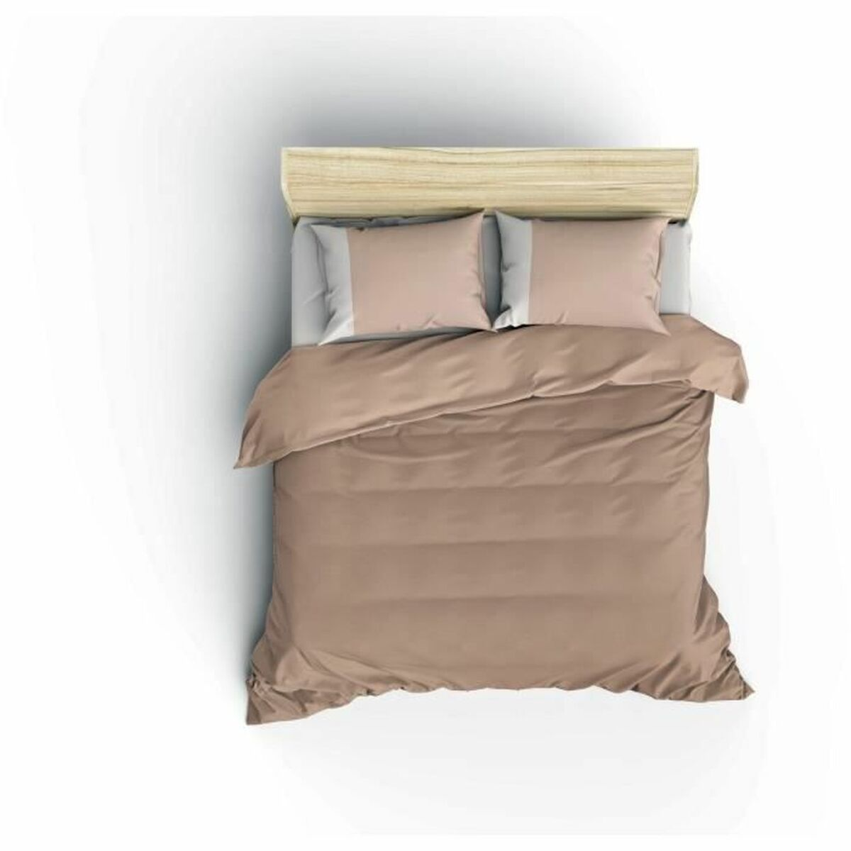 Bett mit brauner Bettdecke und zwei rosa Kissen auf hellem Holz-Kopfteil, Draufsicht, weißer Hintergrund.