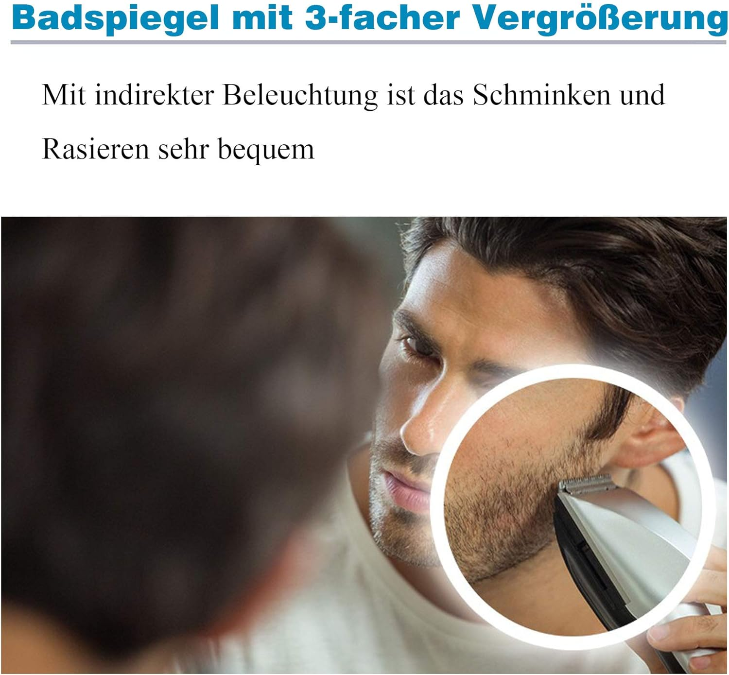 Mann rasiert sich mit Trimmer im Spiegel, Nahaufnahme, Text auf Deutsch.