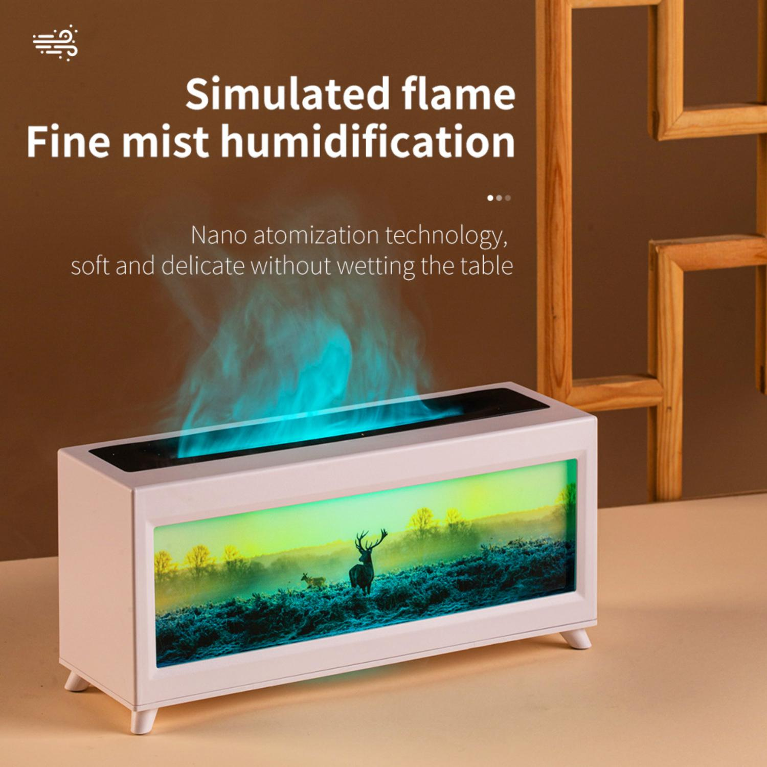 Weißer Aromadiffusor mit simuliertem Feuer und Winterlandschaft mit Hirsch, blaue Nebelwolke.