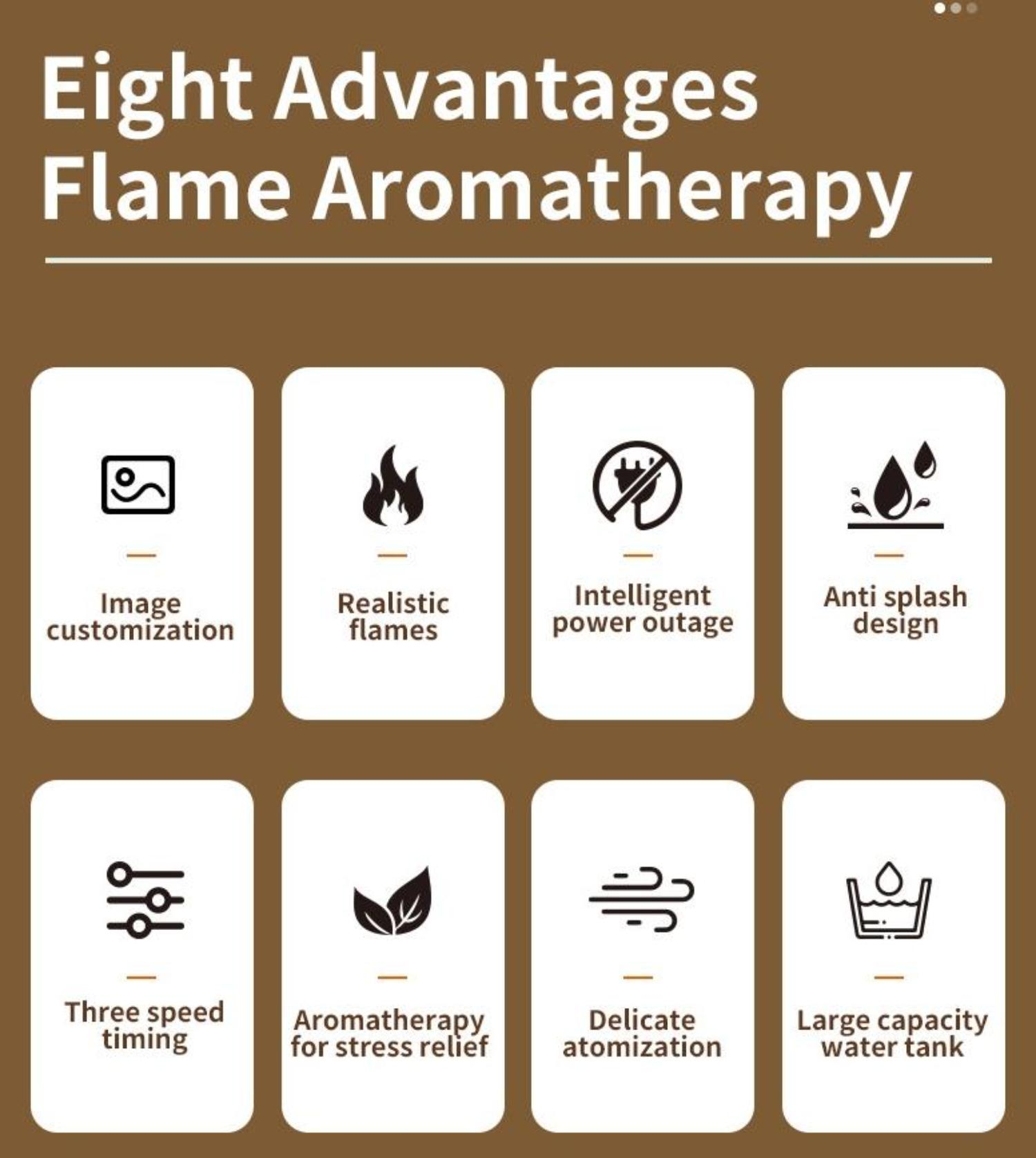 Symbole zur Flamen-Aromatherapie, darunter Bildanpassung, realistische Flammen, Wassertank.