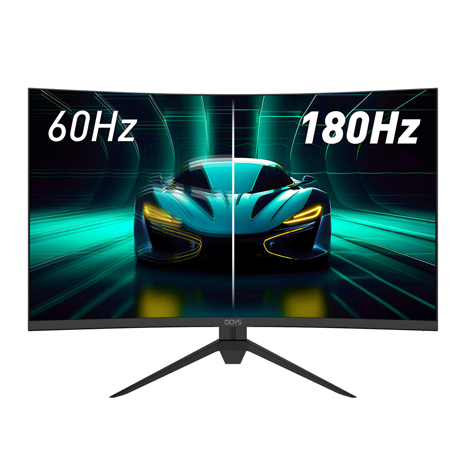Ein gebogener Monitor zeigt ein Autobild. Der Bildschirm zeigt Bildwiederholraten von 60 Hz und 180 Hz.