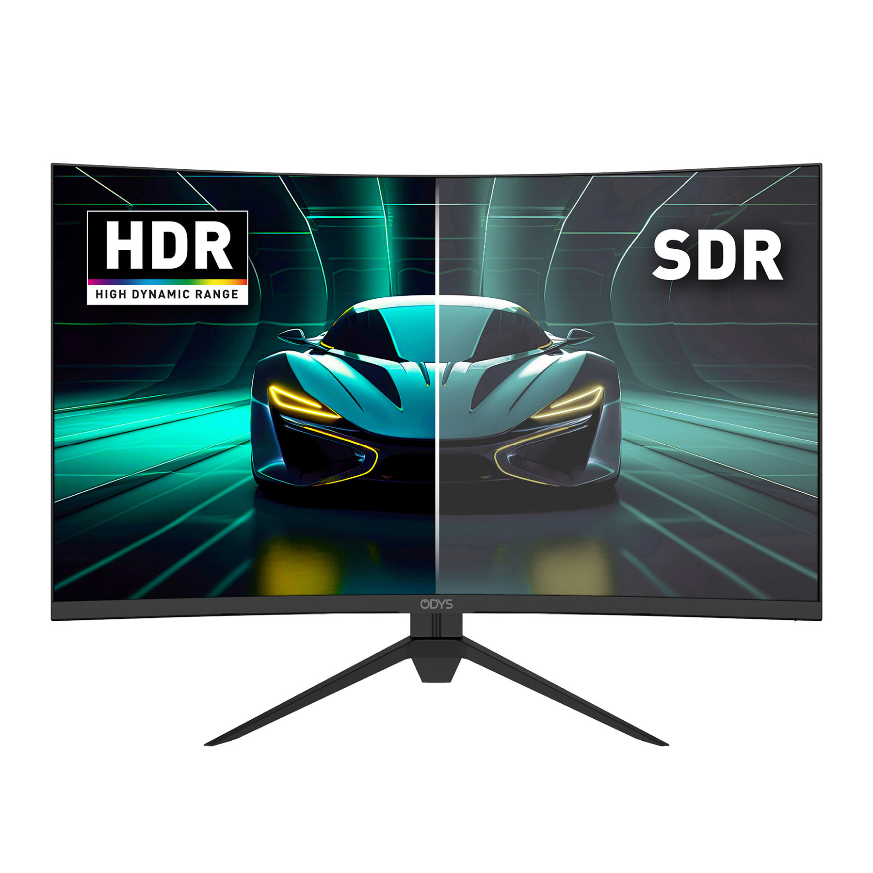 Ein gebogener Monitor zeigt ein Auto-Bild, aufgeteilt in HDR und SDR. Er steht auf einem schwarzen Ständer.