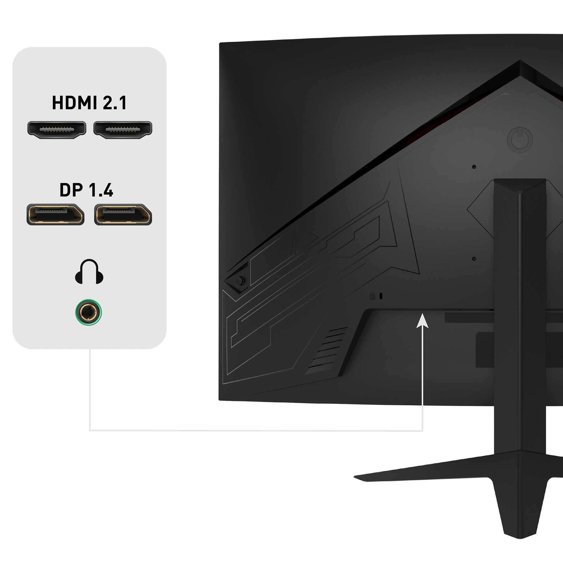 Die Rückansicht eines Monitors, die HDMI-, DP- und Audioanschlüsse sowie einen Ein-/Ausschalter zeigt.