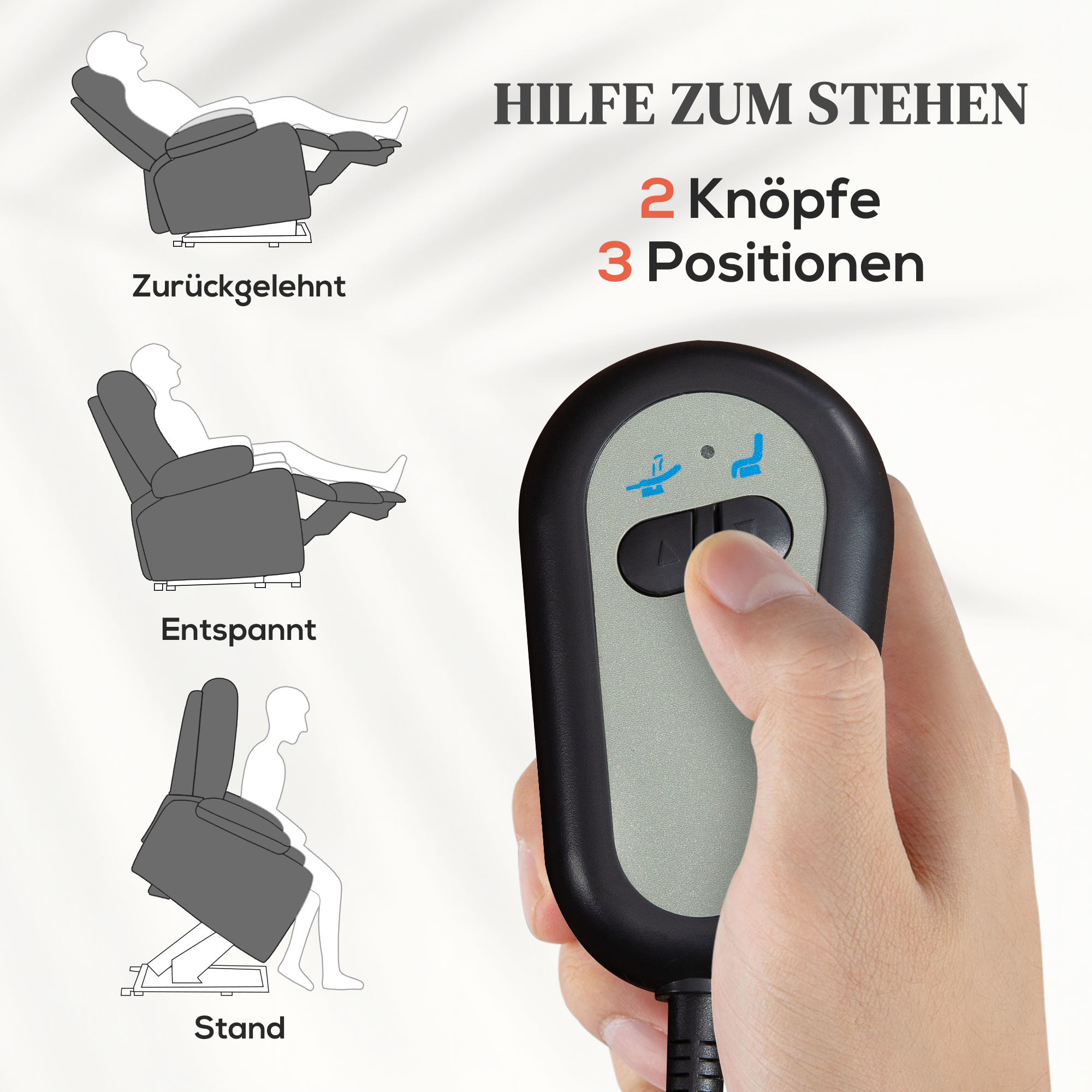 Drei Positionen eines Relaxsessels mit Fernbedienung, die zeigen, wie man sich zum Stehen einstellt.