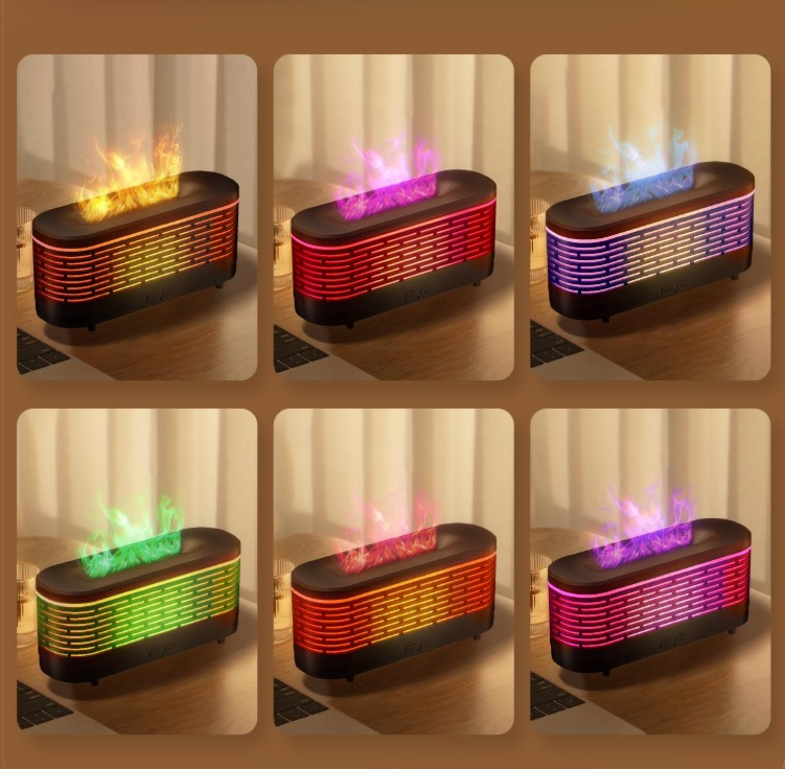 Sechs Bilder eines Luftbefeuchters mit Flammeneffekten in verschiedenen Farben: gelb, rot, blau, grün, rosa und lila.