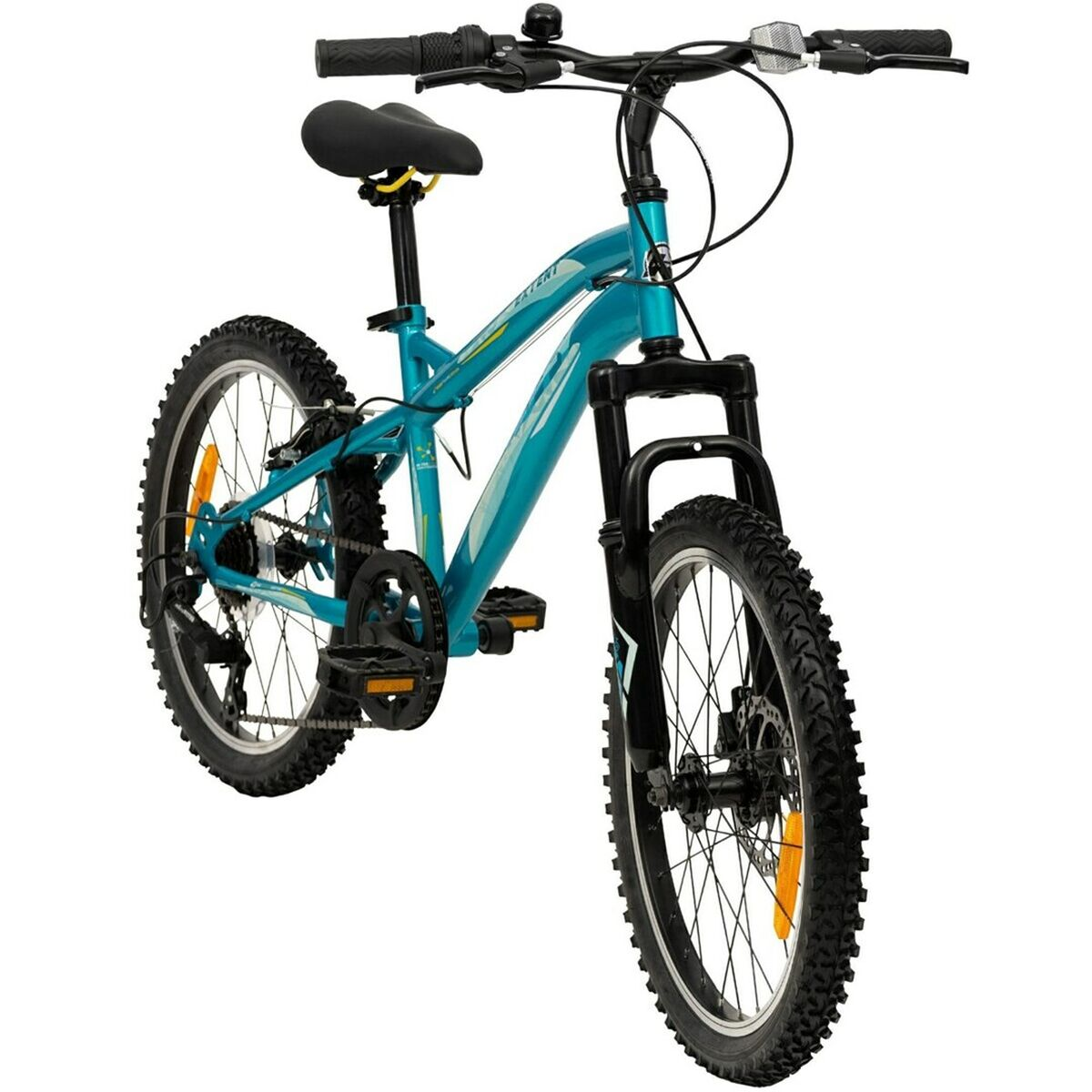 Una mountain bike turchese con dettagli neri su sfondo bianco, vista frontalmente.