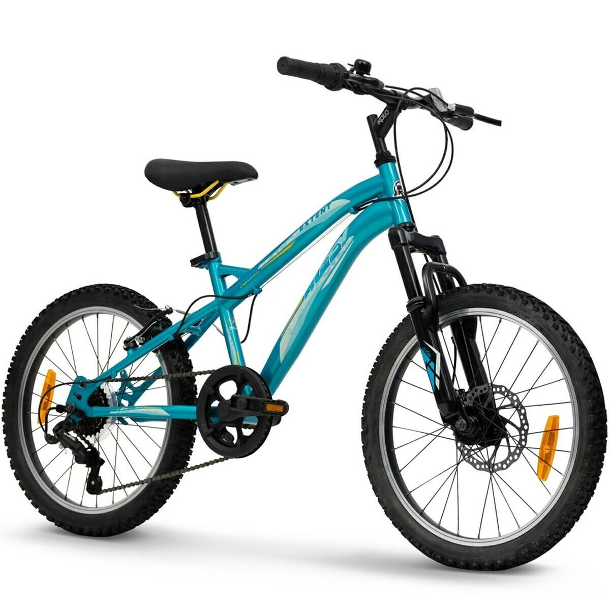 Una mountain bike turchese con pneumatici e componenti neri, su sfondo bianco.