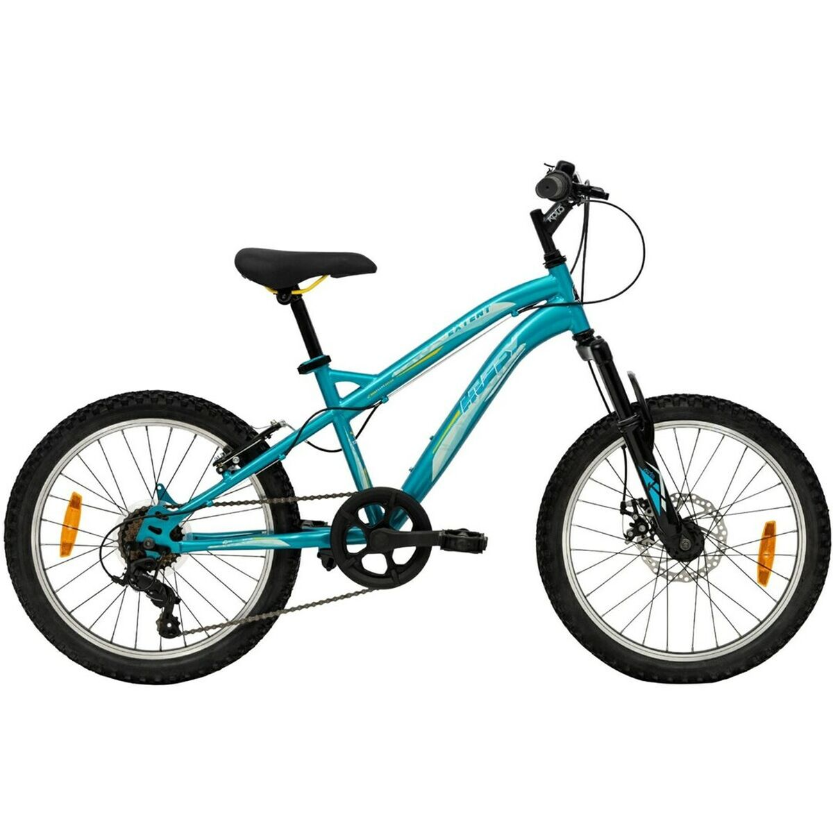 Bicicletta turchese con pneumatici neri su sfondo bianco. Ha sella e manubrio neri.
