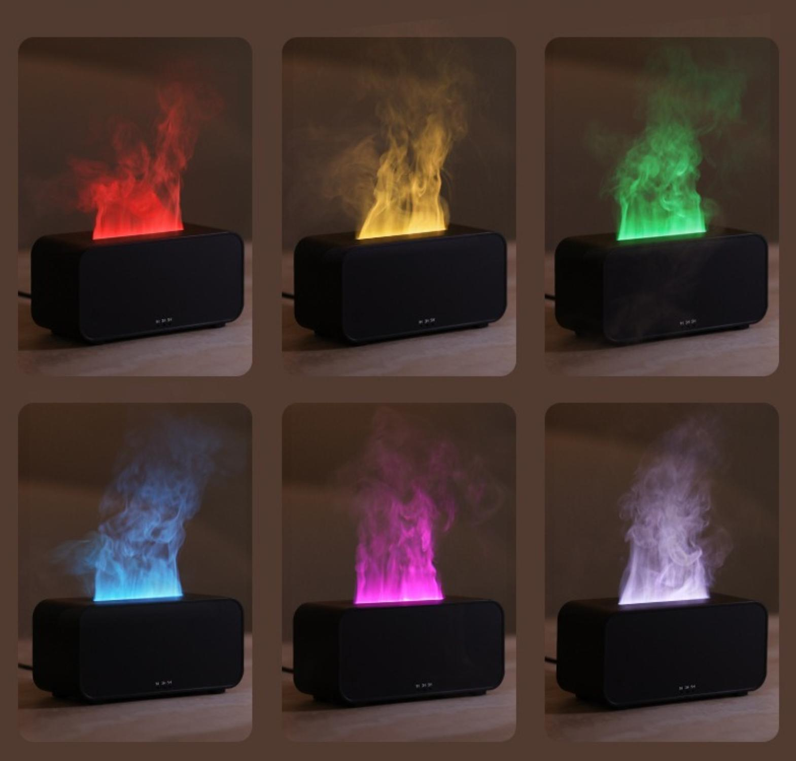 Sechs schwarze Lautsprecher mit farbigen flammenartigen Lichtern, die von oben emittieren: rot, gelb, grün, blau, pink und weiß.