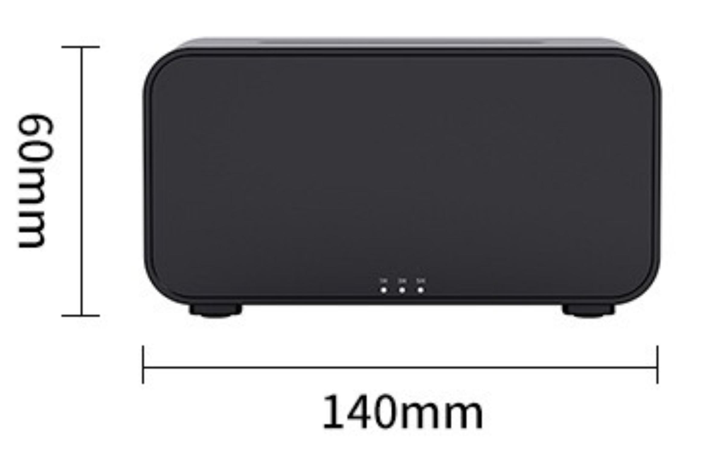 Schwarzer Aroma-Diffusor. Zeigt Abmessungen: 140 mm breit und 60 mm hoch.