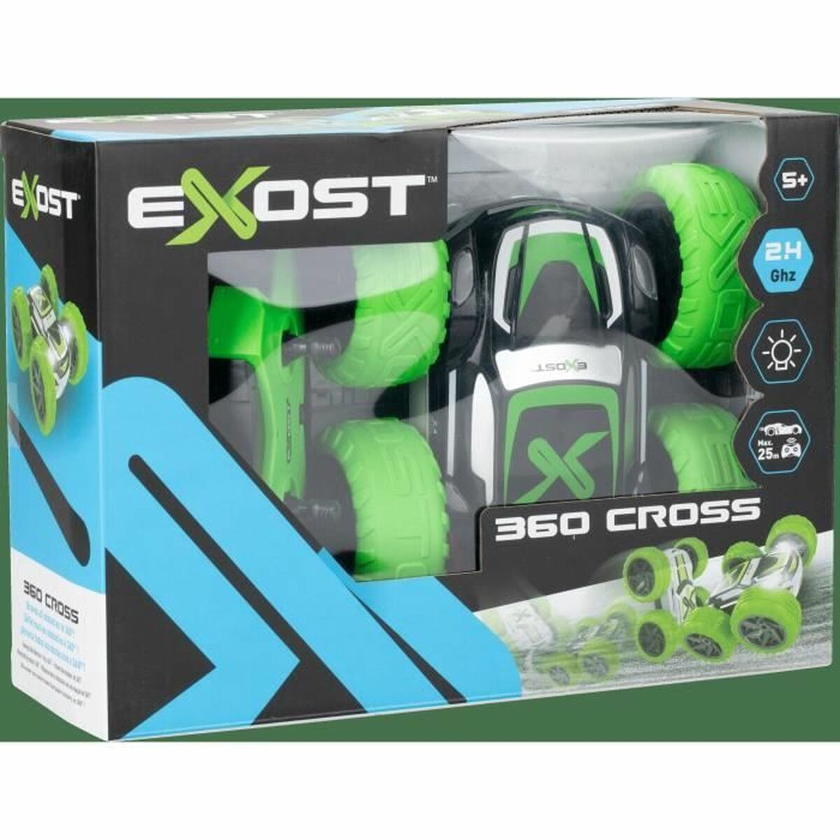 Un coche de juguete en una caja. El coche es blanco y verde con ruedas verdes. La caja dice EXOST.