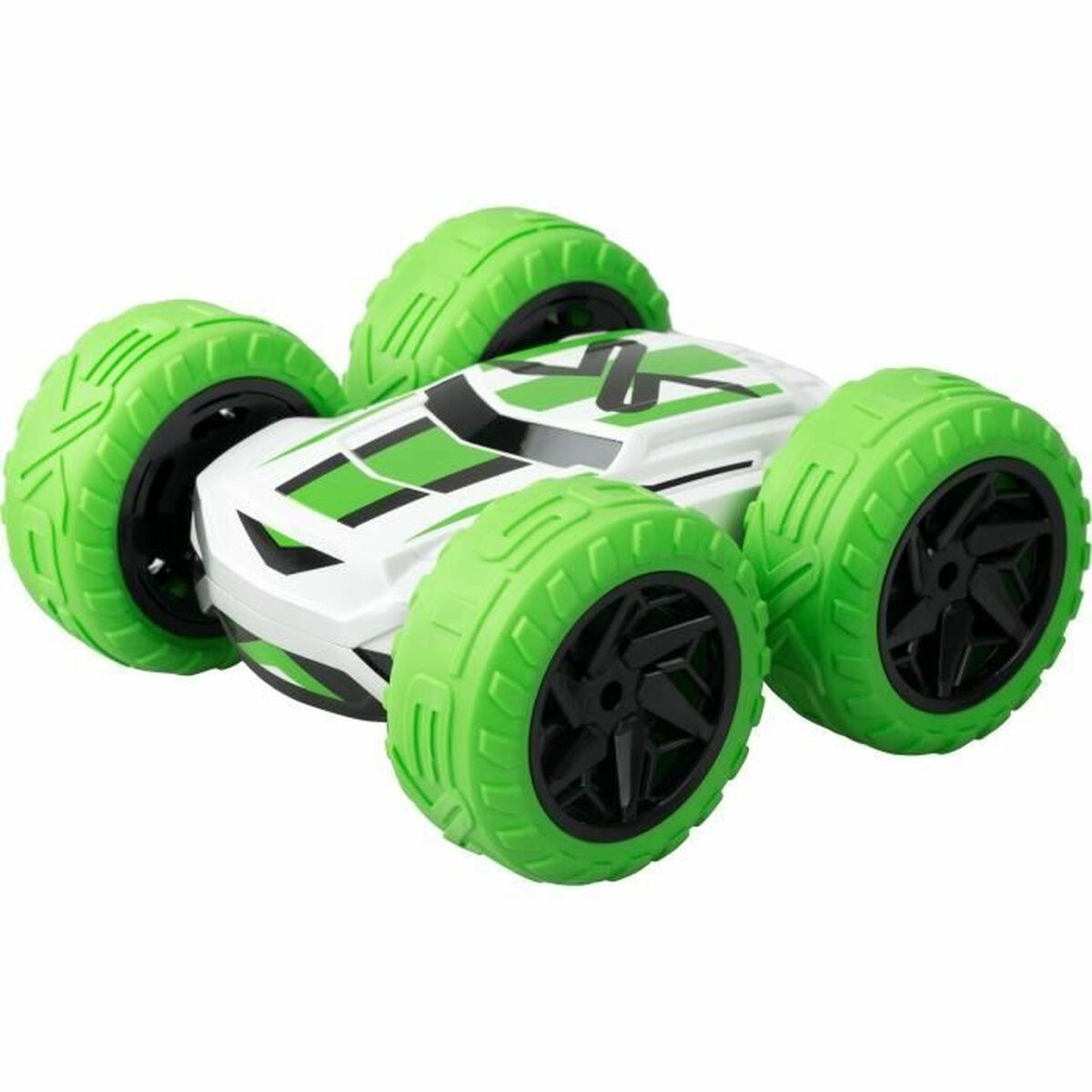 Un coche de juguete blanco y verde con cuatro ruedas verdes grandes, diseñado para trucos.