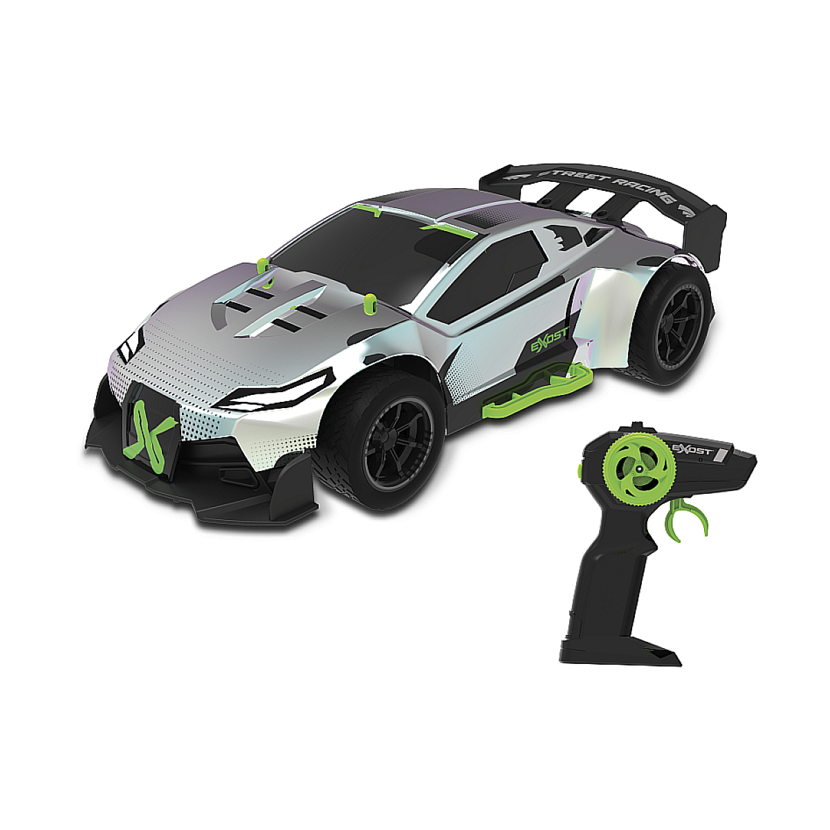 Ein silbernes ferngesteuertes Auto mit grünen Akzenten und einer passenden Fernbedienung.