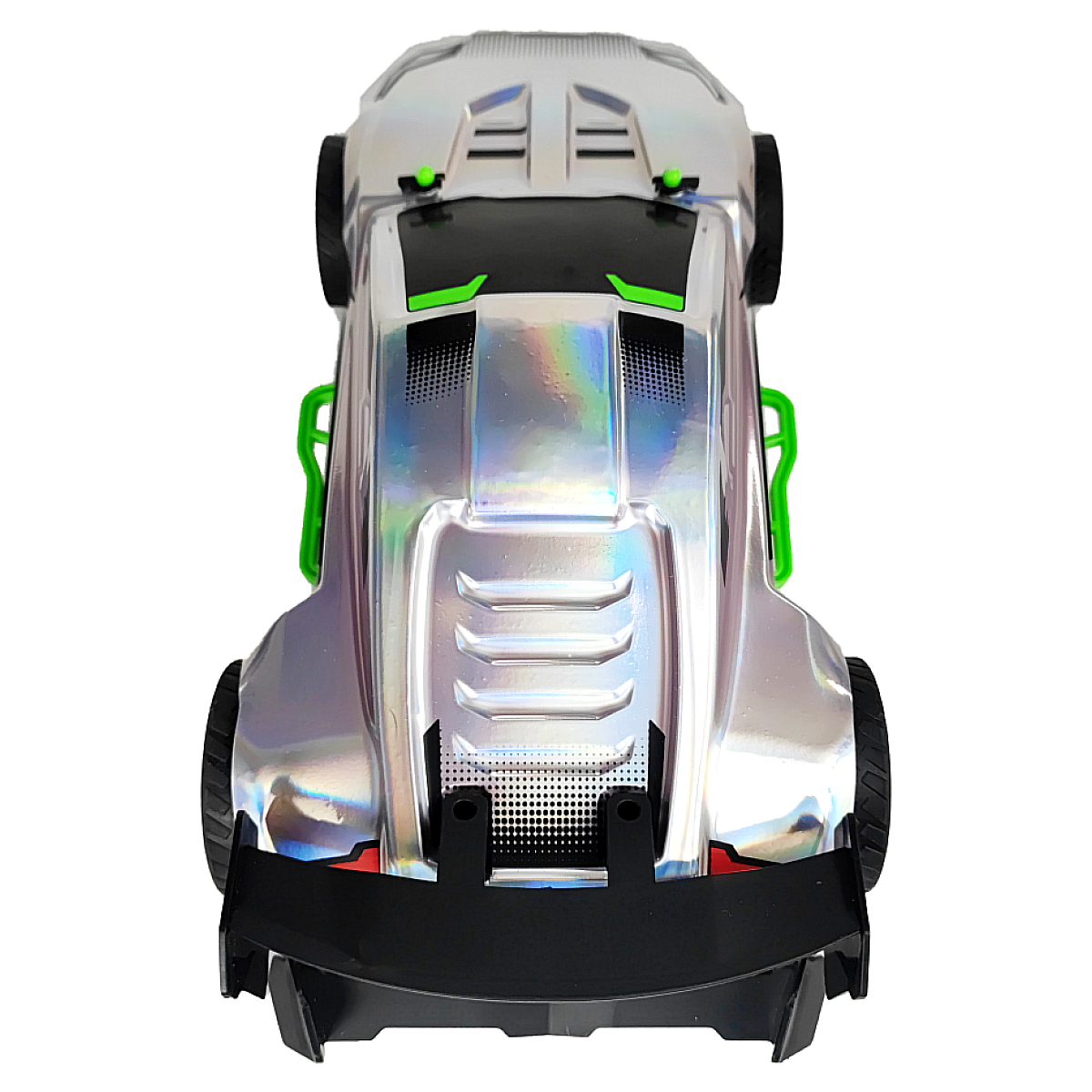 Ein silbernes Spielzeugauto mit schwarzem Spoiler und grünen Akzenten, von oben gesehen, auf weißem Hintergrund.
