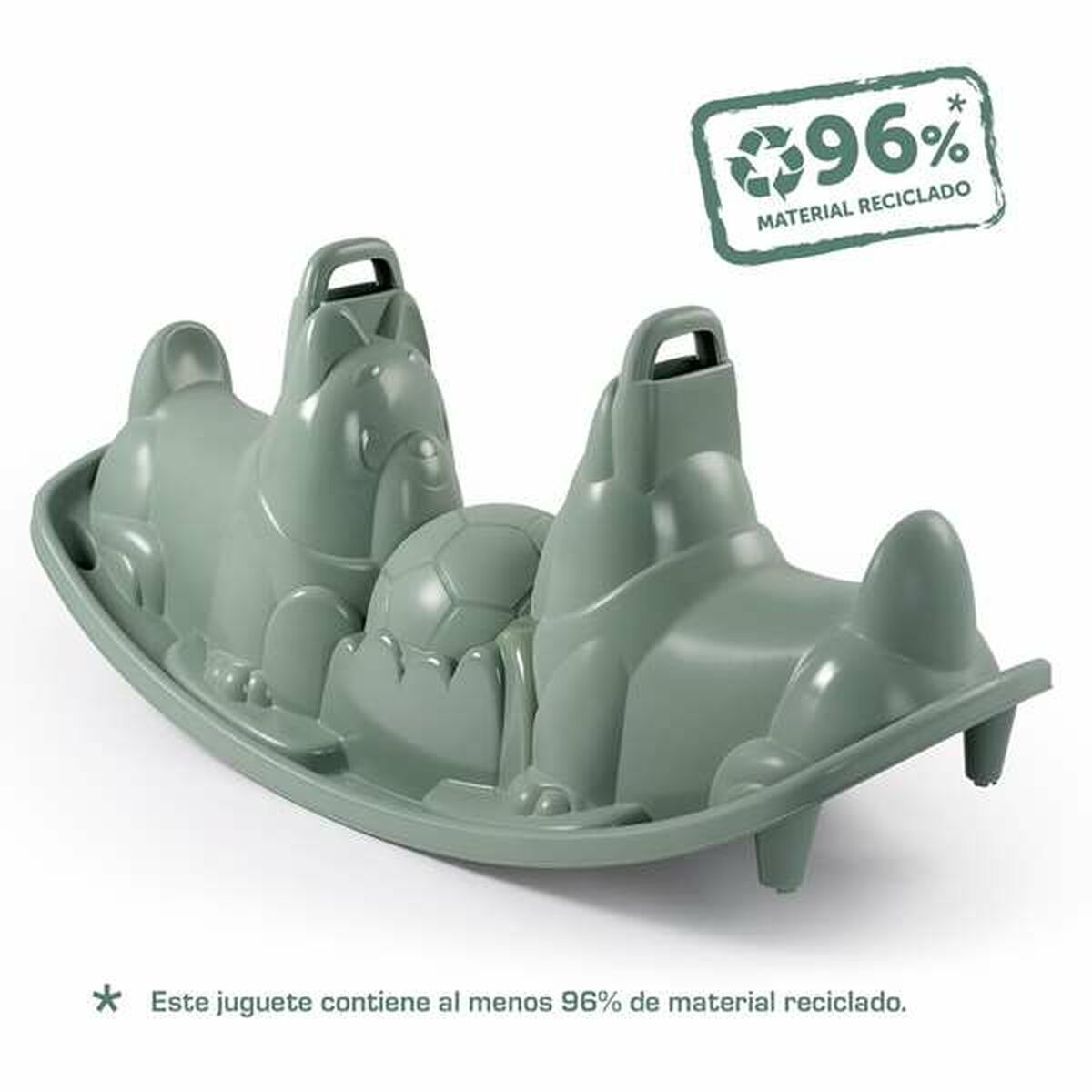 Grünes und graues Schaukeltier mit drei Tierfiguren. Ein grünes Etikett zeigt 96 % Recyclingmaterial.