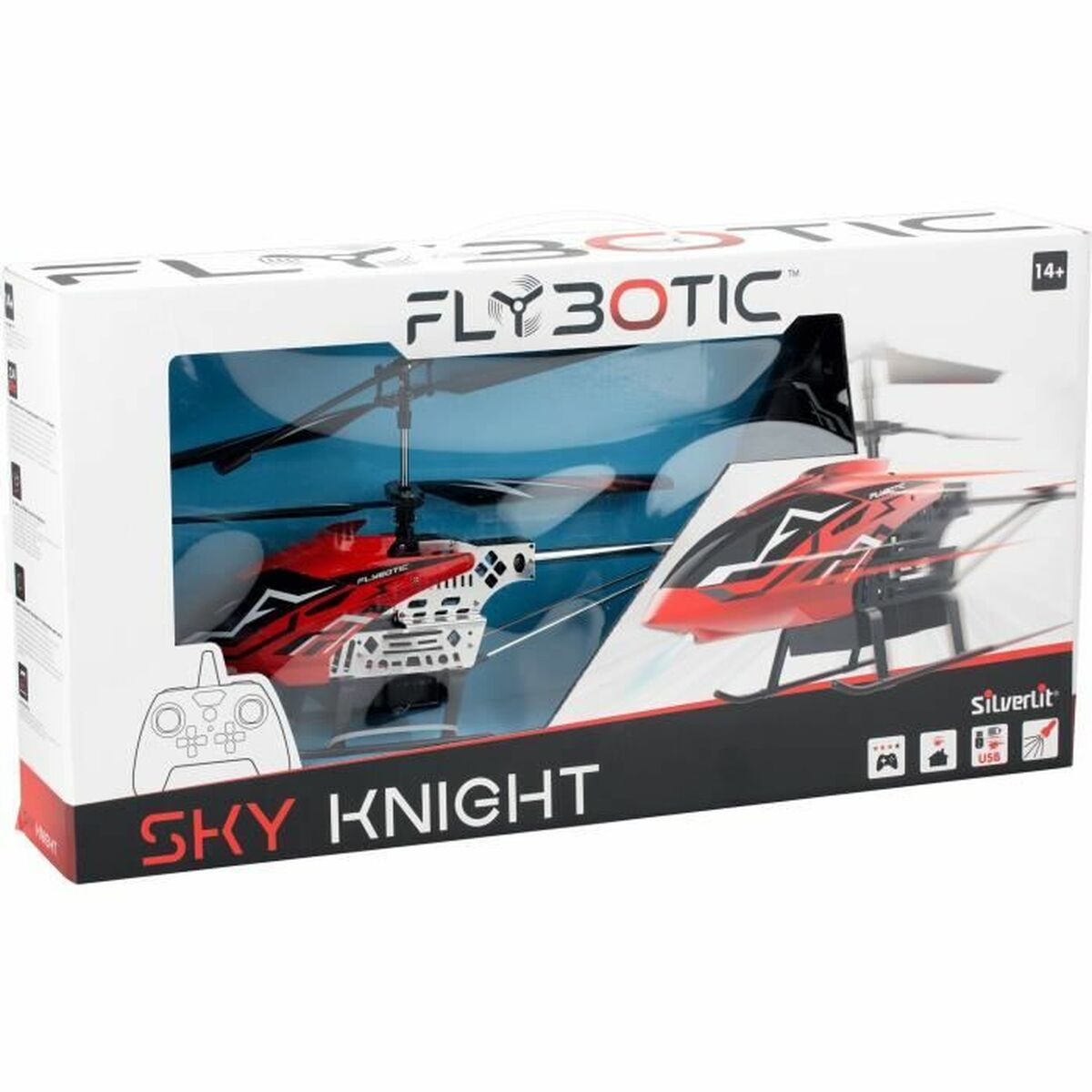 Ein Spielzeughelikopter in einer Box, mit dem Bild des Helikopters und einer Fernbedienung auf der Box.