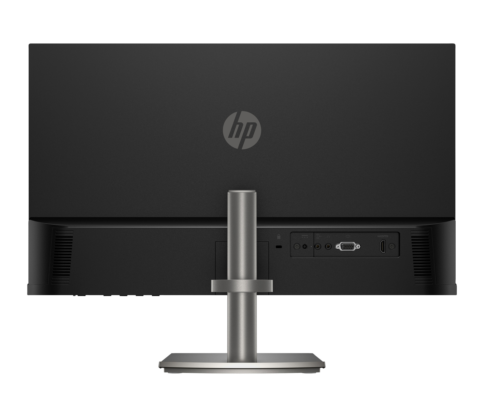 Widok z tyłu monitora komputera, czarny, srebrna podstawa, różne porty, białe tło.