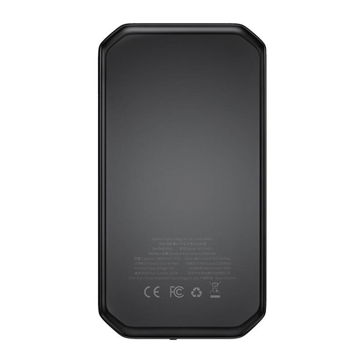 Czarny rozrusznik samochodowy, tył z białym tekstem oraz oznaczeniami CE i FC.