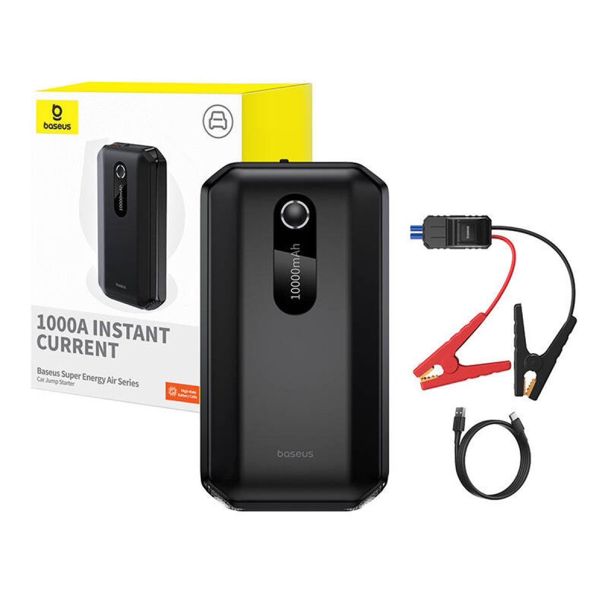 Czarny zestaw rozruchowy do samochodu Baseus z czarno-czerwonym kablem z zaciskami i czarnym okrągłym kablem.