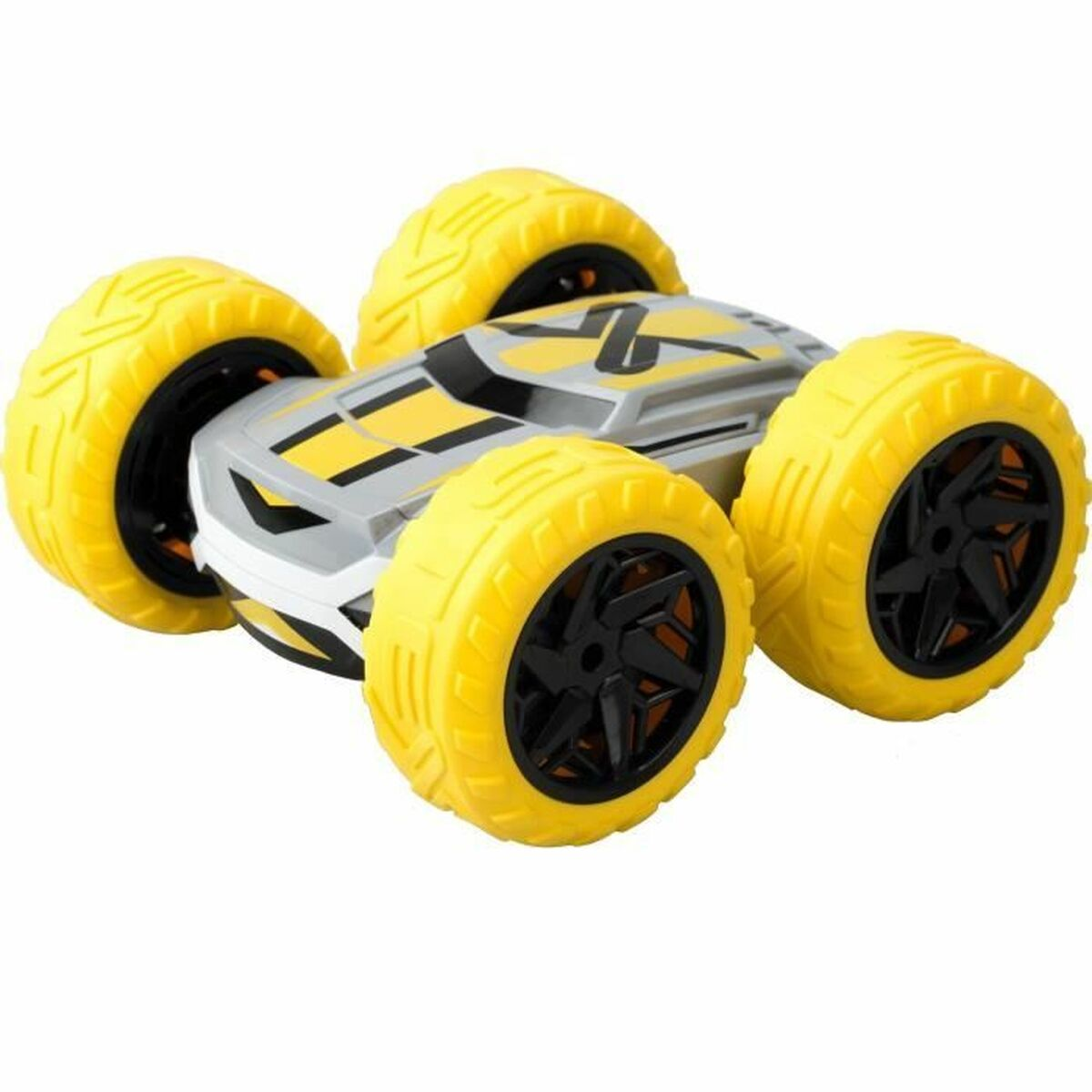 Ein graues und gelbes Spielzeugauto mit vier gelben Rädern. Es ist ein ferngesteuertes Auto.