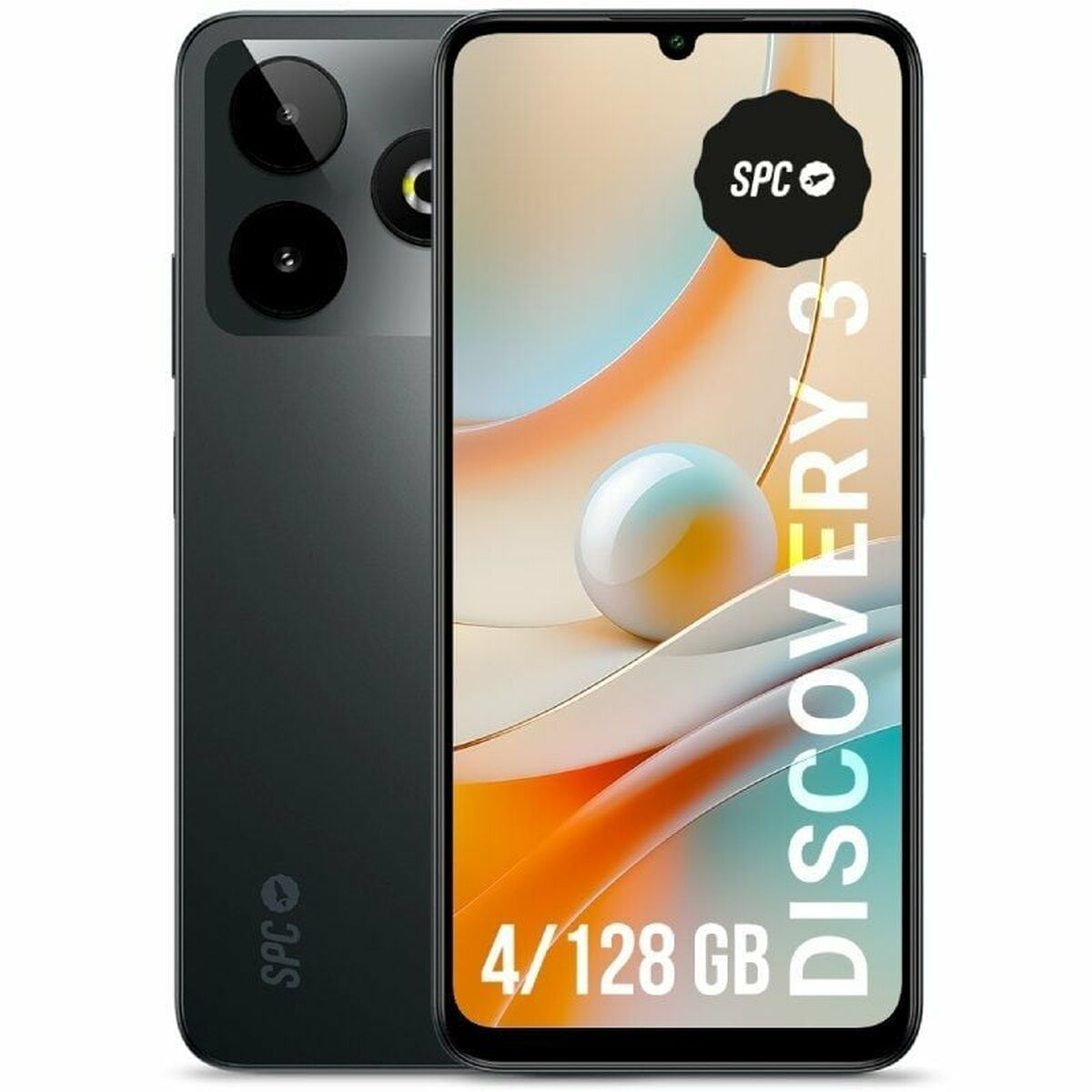 Uno smartphone nero con due fotocamere posteriori e il testo 'DISCOVERY 3' è visualizzato su sfondo bianco.