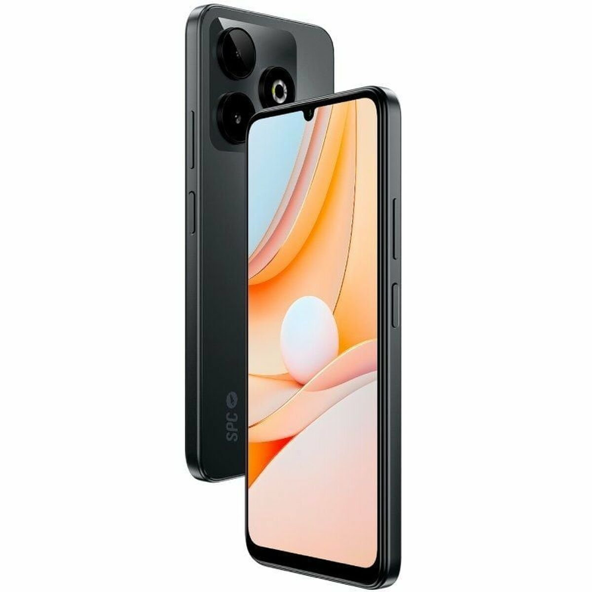 Smartphone nero con più fotocamere sul retro e schermo che mostra forme astratte. Sfondo bianco.