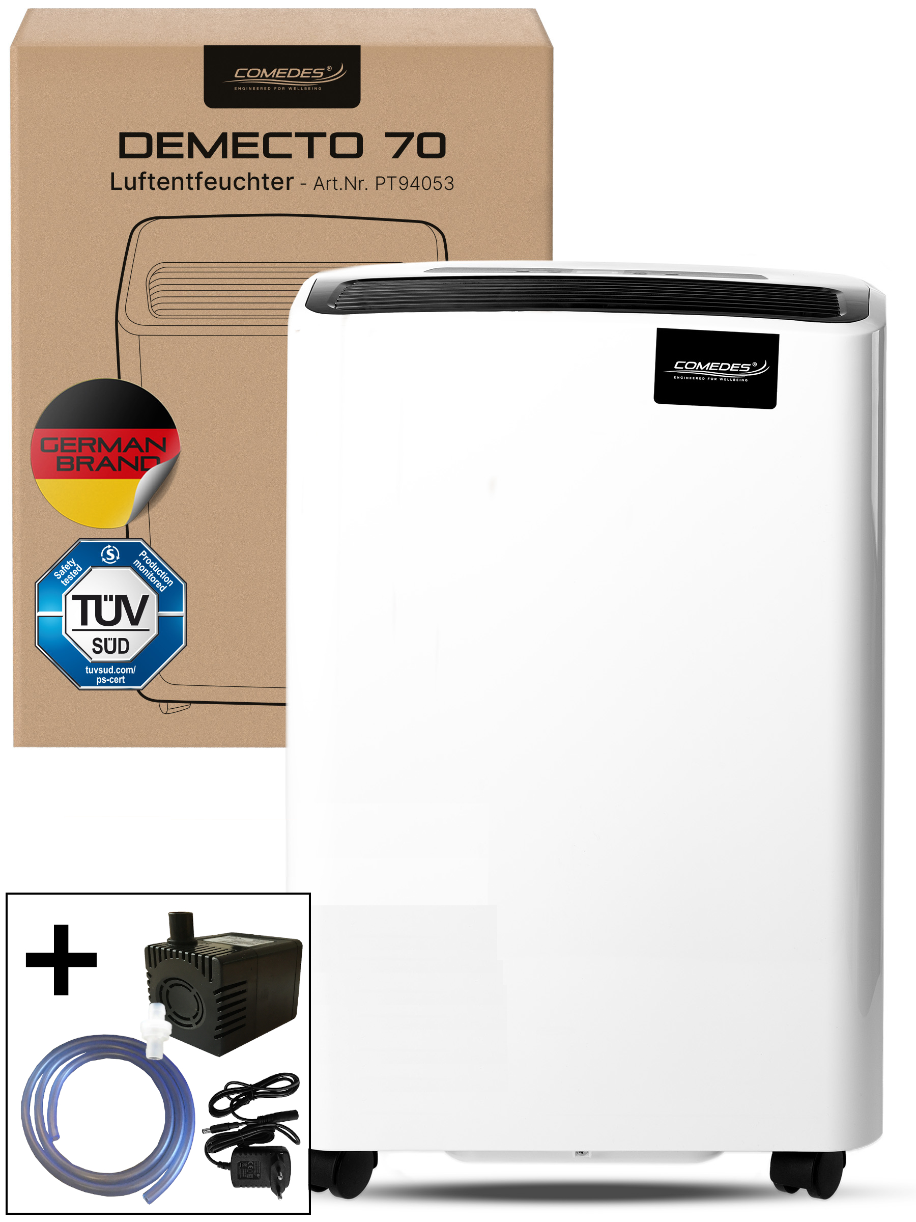 Weißer Luftentfeuchter mit Karton und Zubehör. Die Box hat deutschen Text und ein deutsches Markenlogo.