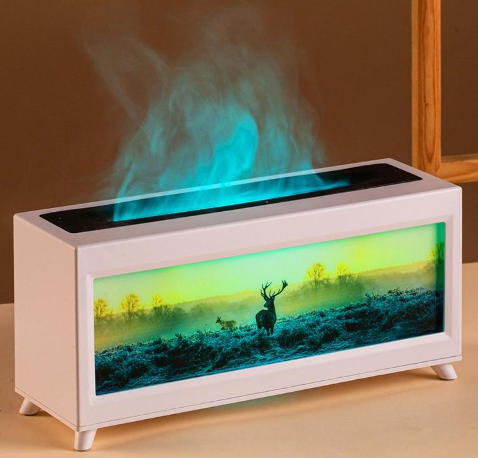 Eine weiße rechteckige Box mit einer Landschaftsszene und blauem Nebel, der von oben austritt.